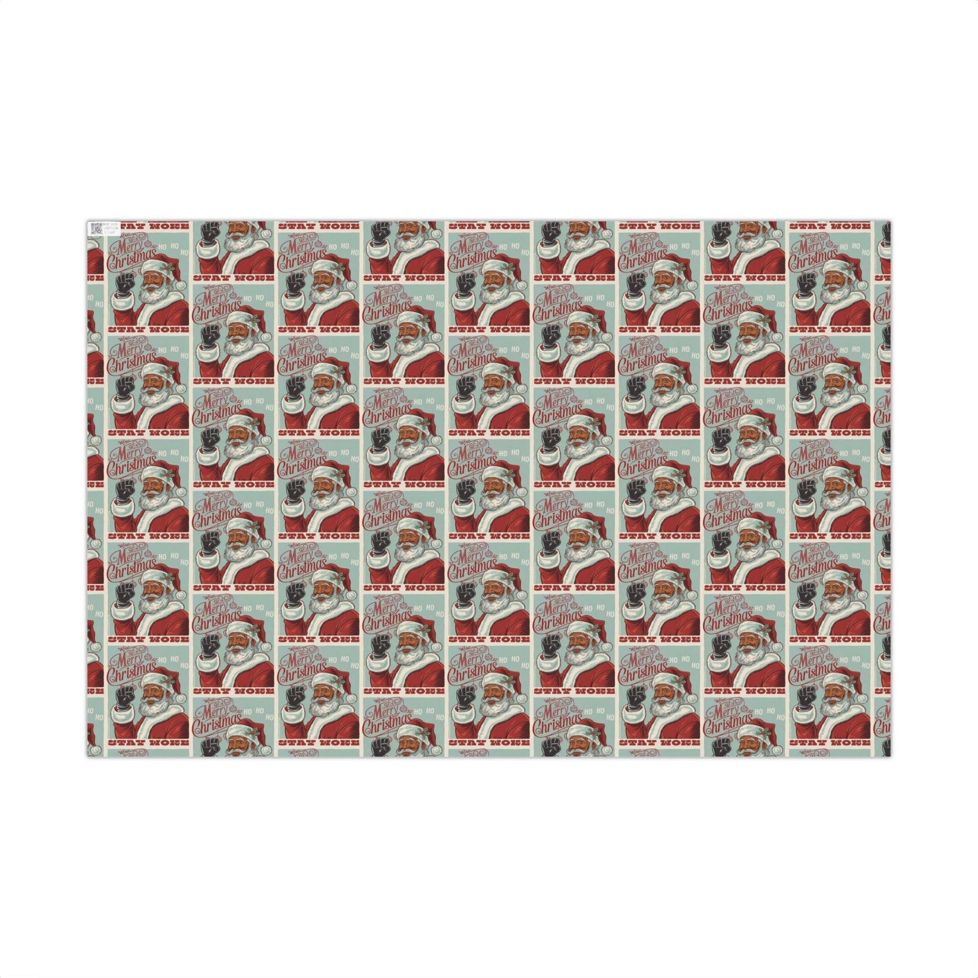 Black Santa Stay Woke Christmas Gift Wrapping Paper featuring a repeating vintage-style design with Santa and 'Stay Woke' message. Ideal for festive, culturally inspired gift wrapping.