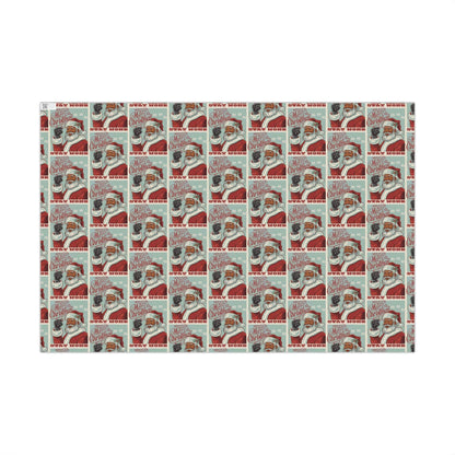 Black Santa Stay Woke Christmas Gift Wrapping Paper featuring a repeating vintage-style design with Santa and 'Stay Woke' message. Ideal for festive, culturally inspired gift wrapping.