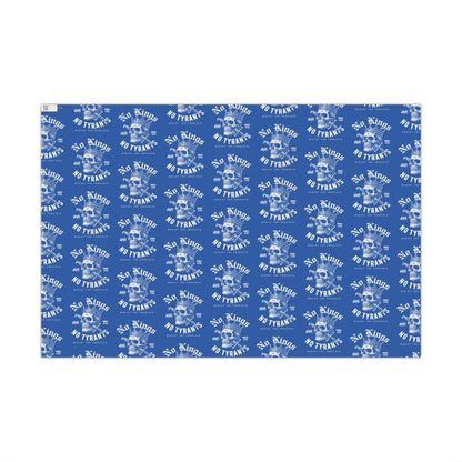 Flat sheet of No Kings No Tyrants Christmas Gift Wrapping Paper by TheBlackest Co. featuring bold white skull and protest text on matte blue background.