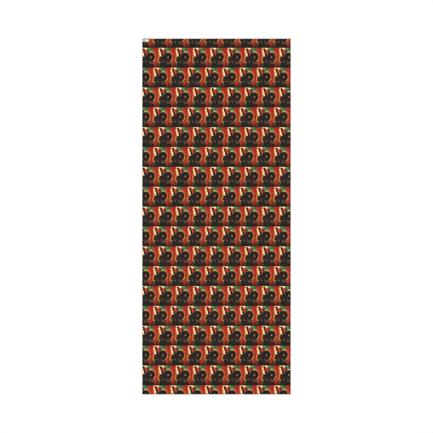 Vertical roll of PanAfrican Christmas Wrapping Paper featuring repeating raised fist design in red, green, and gold for meaningful holiday gift wrapping.