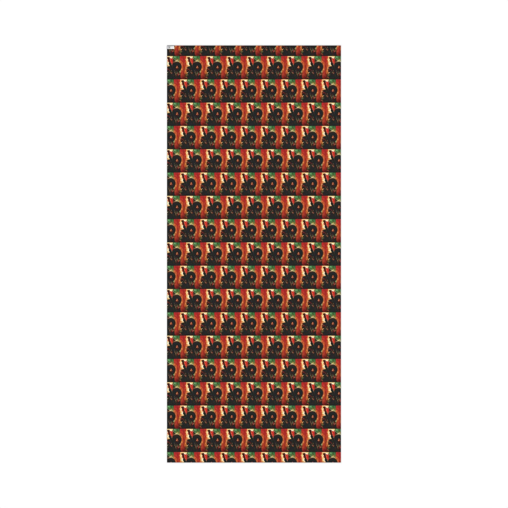 Vertical roll of PanAfrican Christmas Wrapping Paper featuring repeating raised fist design in red, green, and gold for meaningful holiday gift wrapping.