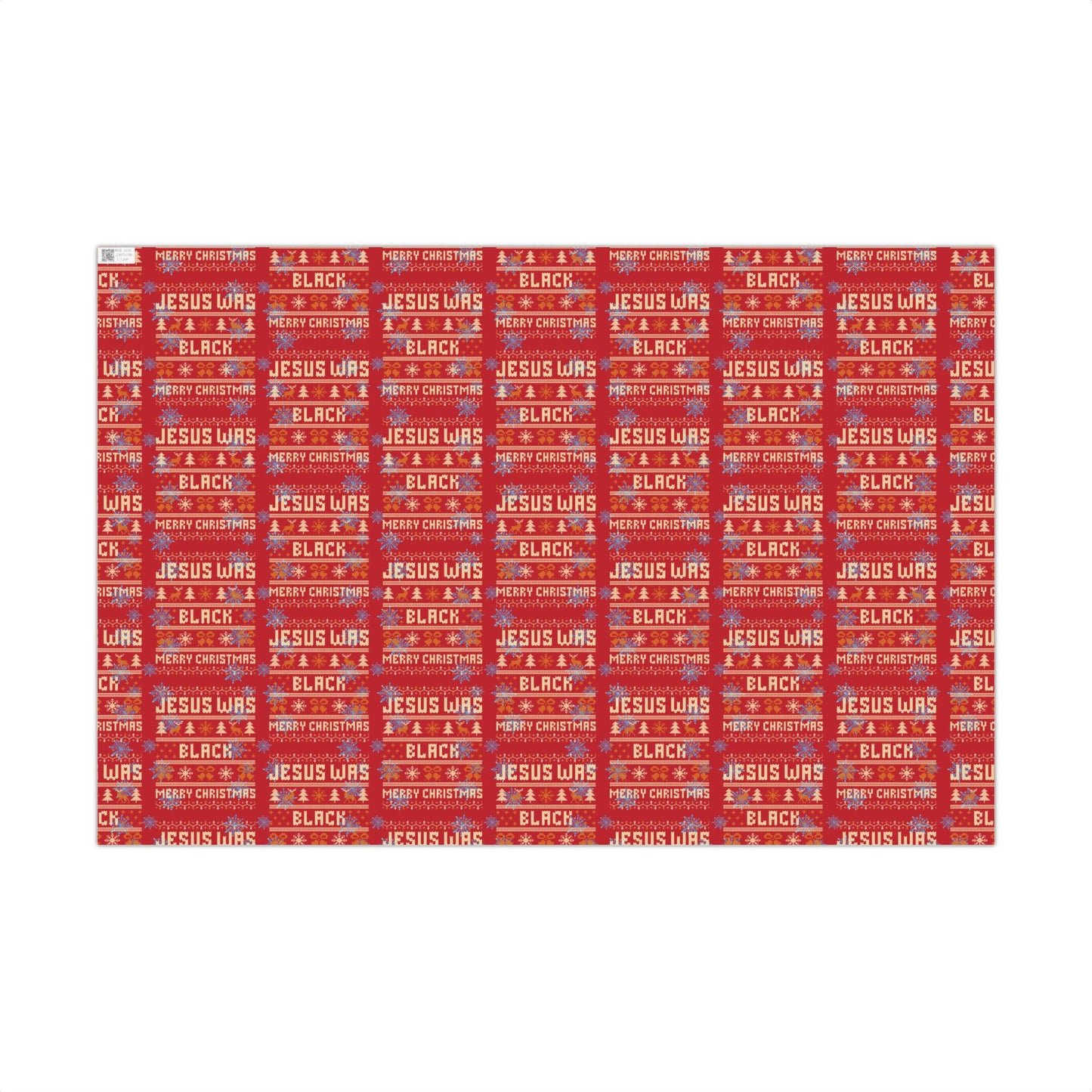 Flat sheet of Jesus Was Black Merry Christmas red wrapping paper with repeating holiday pattern, ideal for Christmas gift wrapping.
