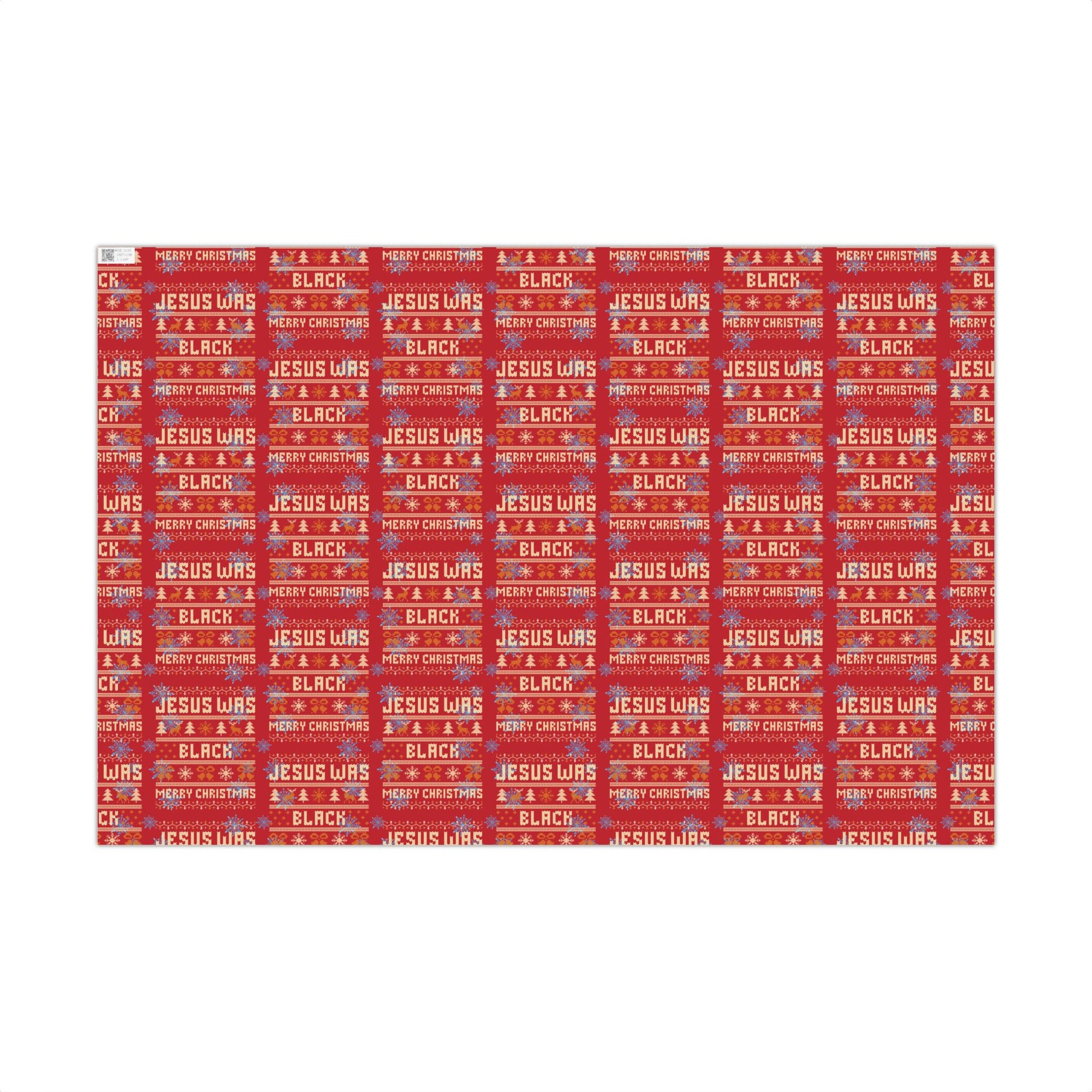 Flat sheet of Jesus Was Black Merry Christmas red wrapping paper with repeating holiday pattern, ideal for Christmas gift wrapping.