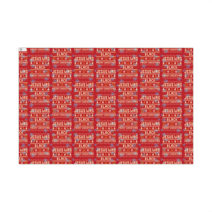 Flat sheet of Jesus Was Black Merry Christmas red wrapping paper with repeating holiday pattern, ideal for Christmas gift wrapping.