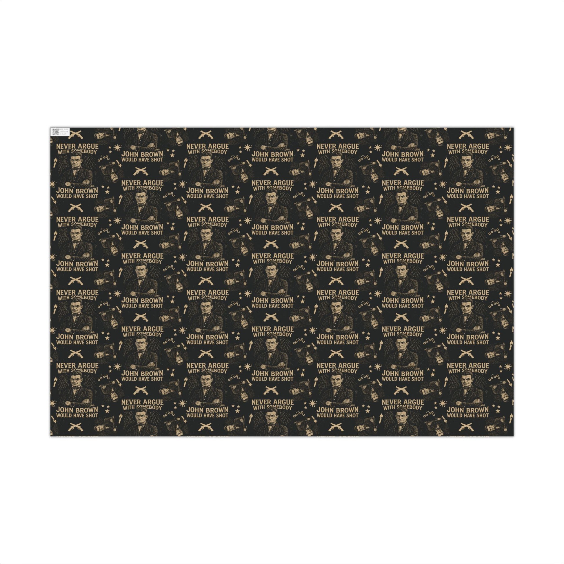 Flat sheet of Never Argue John Brown History Gift Wrap with repeating vintage illustrations and quotes, perfect for statement holiday packaging.