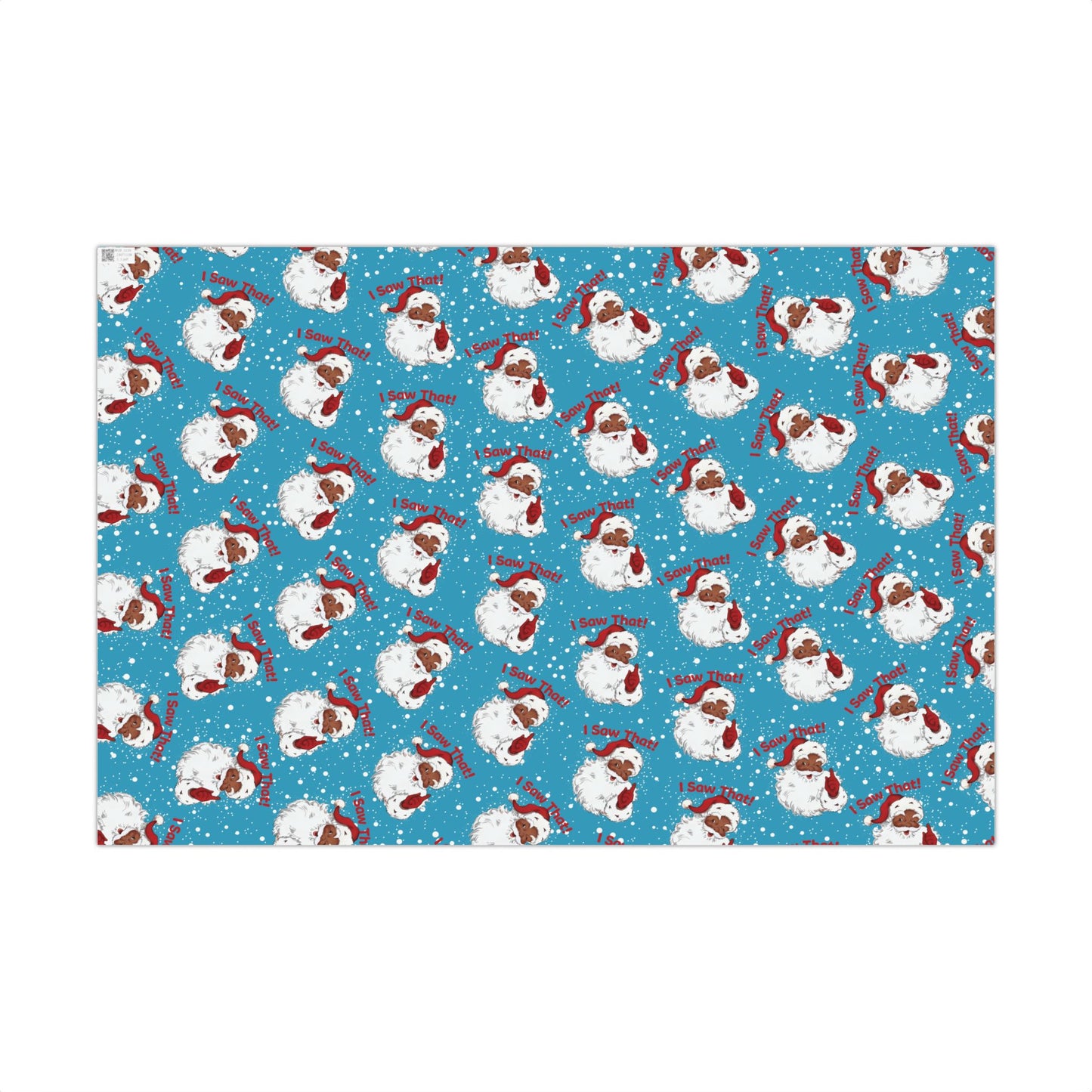 Flat sheet of Black Santa 'I Saw That!' Christmas Gift Wrapping Paper with repeating Santa pattern on blue snowy background.