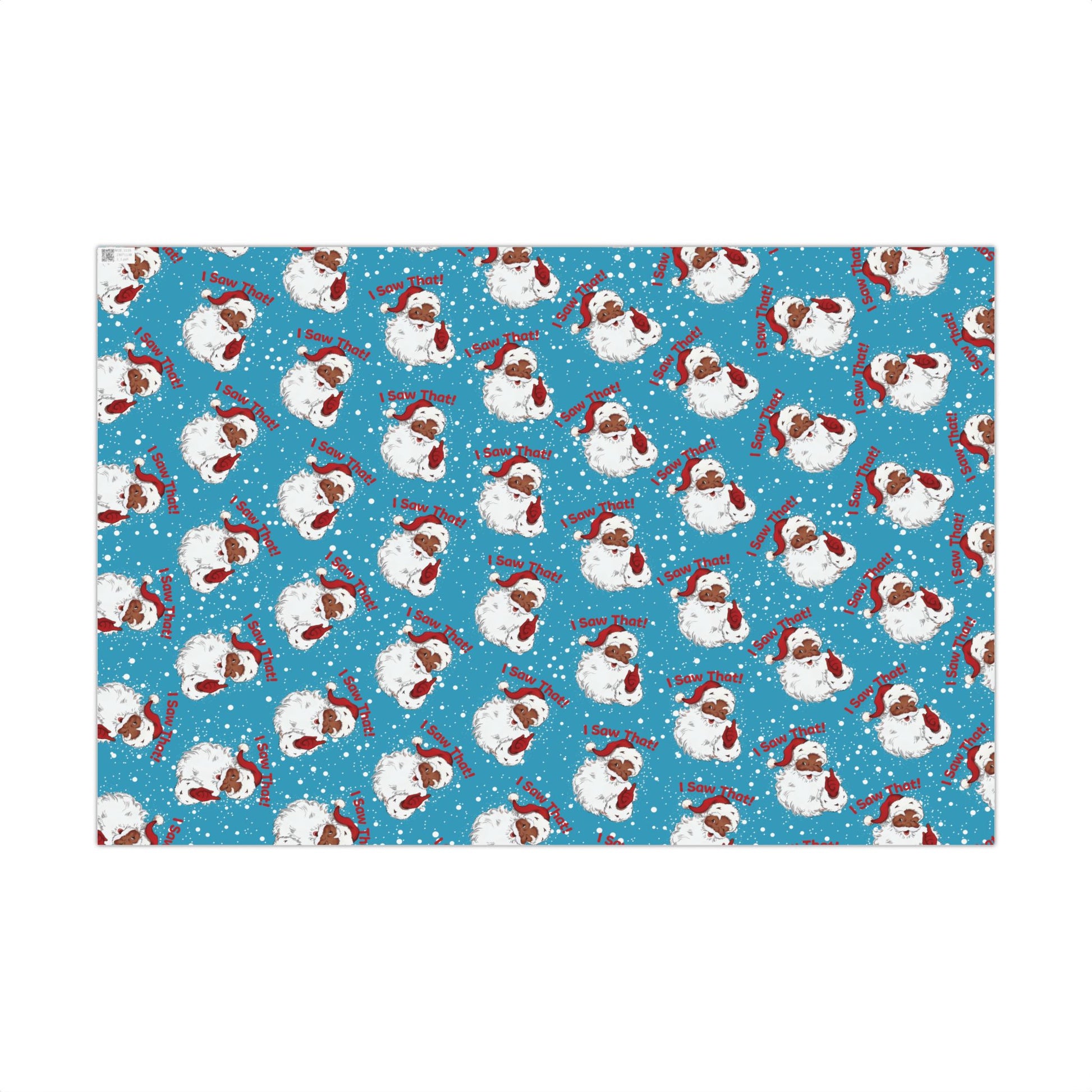 Flat sheet of Black Santa 'I Saw That!' Christmas Gift Wrapping Paper with repeating Santa pattern on blue snowy background.