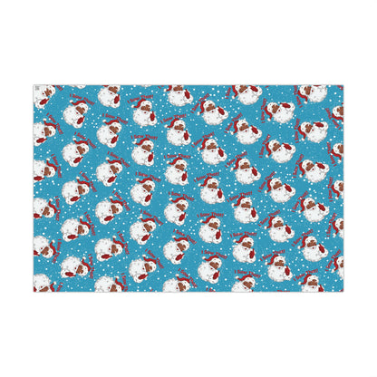 Flat sheet of Black Santa 'I Saw That!' Christmas Gift Wrapping Paper with repeating Santa pattern on blue snowy background.