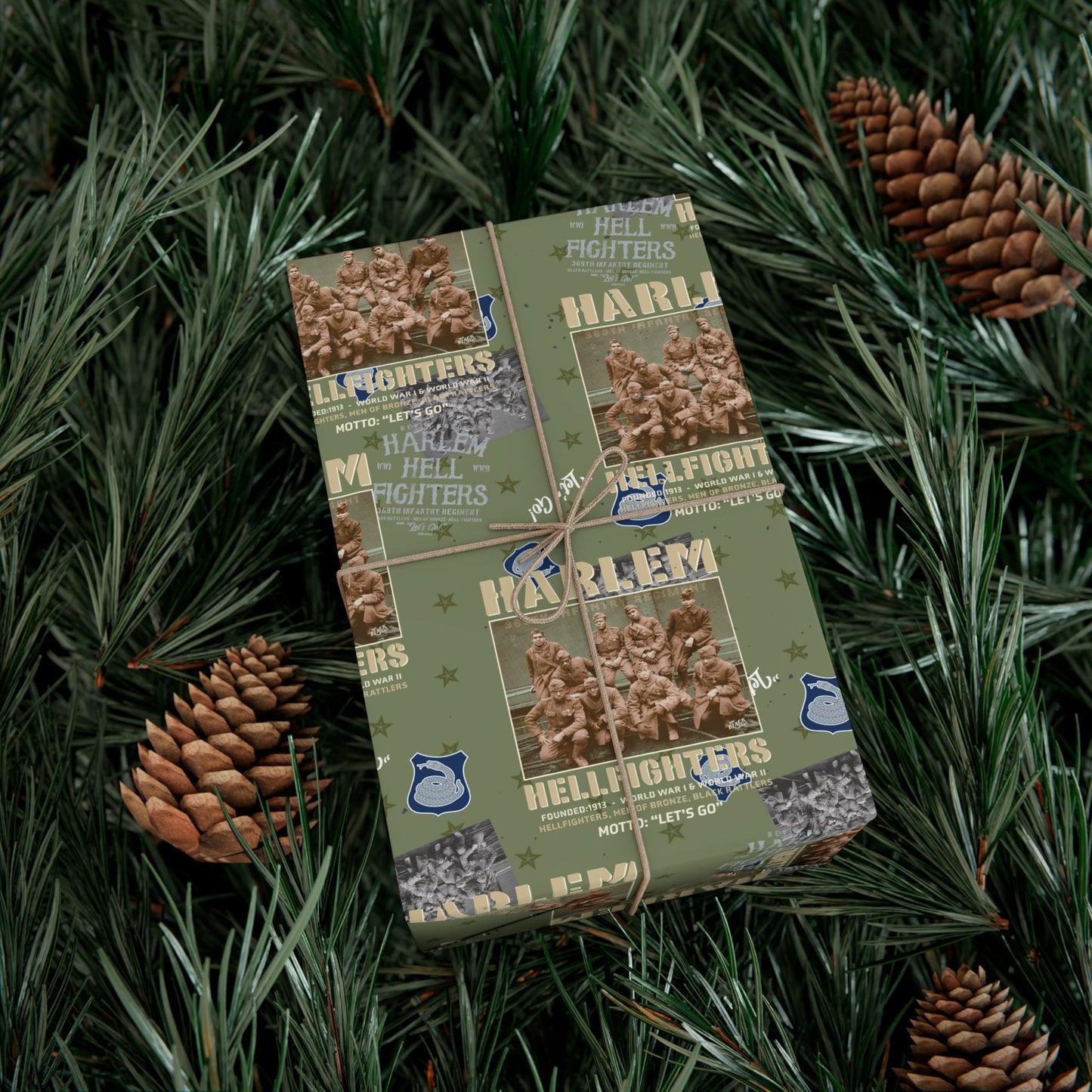 Military-themed Harlem Hellfighters Black Soldiers History Wrapping Paper with historic soldier imagery, nestled in holiday greenery.