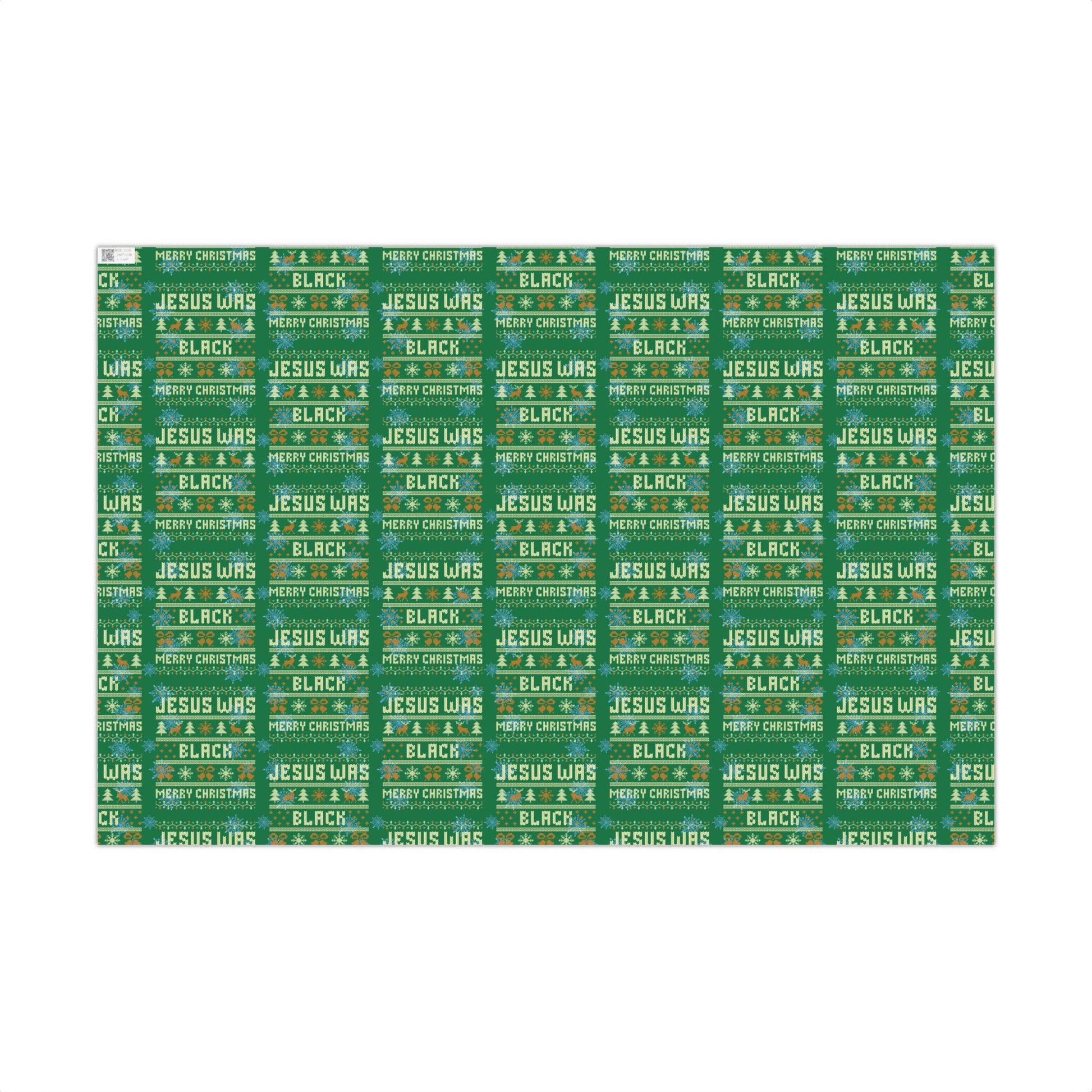 Flat sheet of Jesus Was Black Merry Christmas green wrapping paper with repeating festive print, ideal for statement holiday gift wrap.