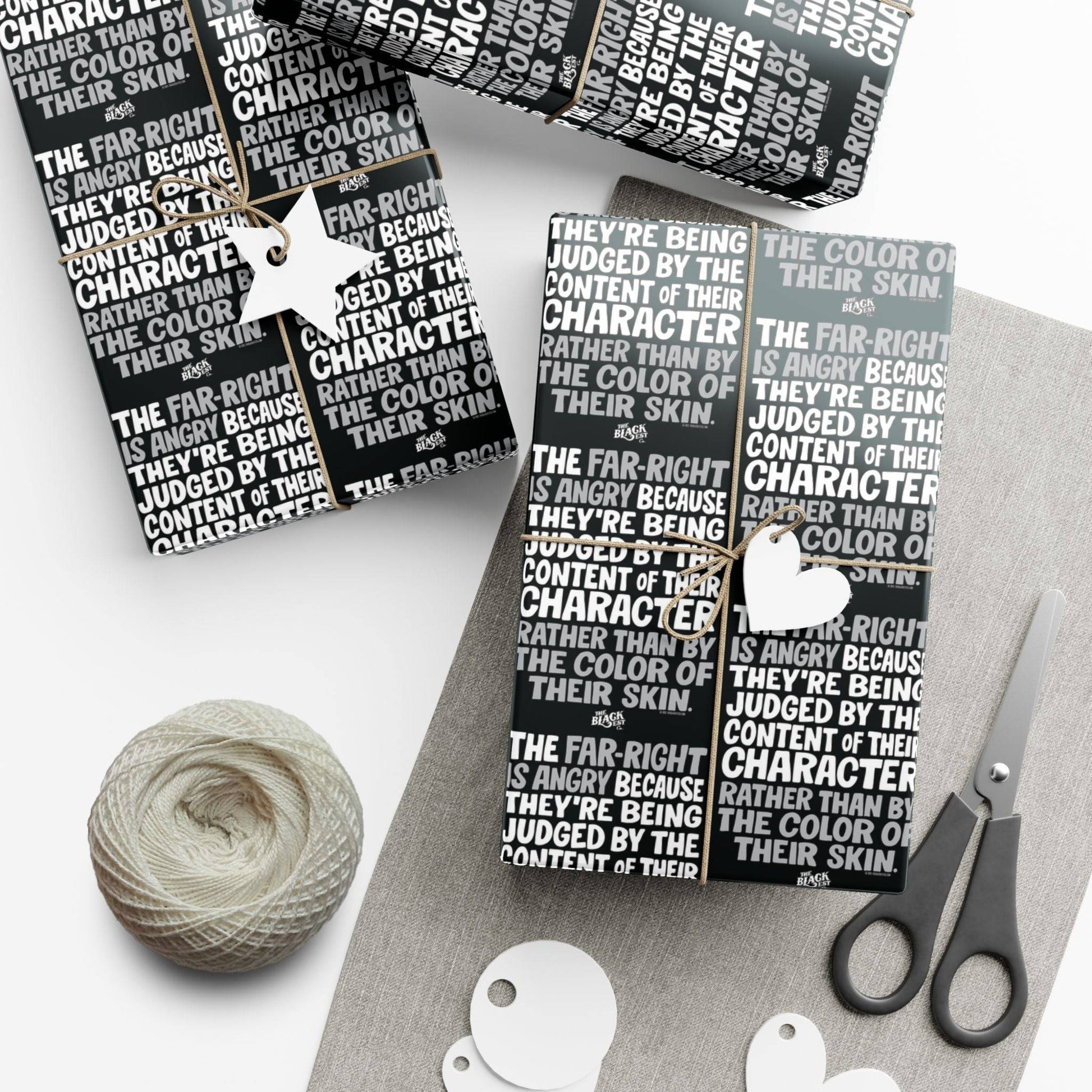 Why The Far Right Is Angry Christmas Gift Wrapping Paper used on multiple presents with tags and twine, perfect for progressive holiday gift giving.