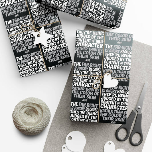 Why The Far Right Is Angry Christmas Gift Wrapping Paper used on multiple presents with tags and twine, perfect for progressive holiday gift giving.