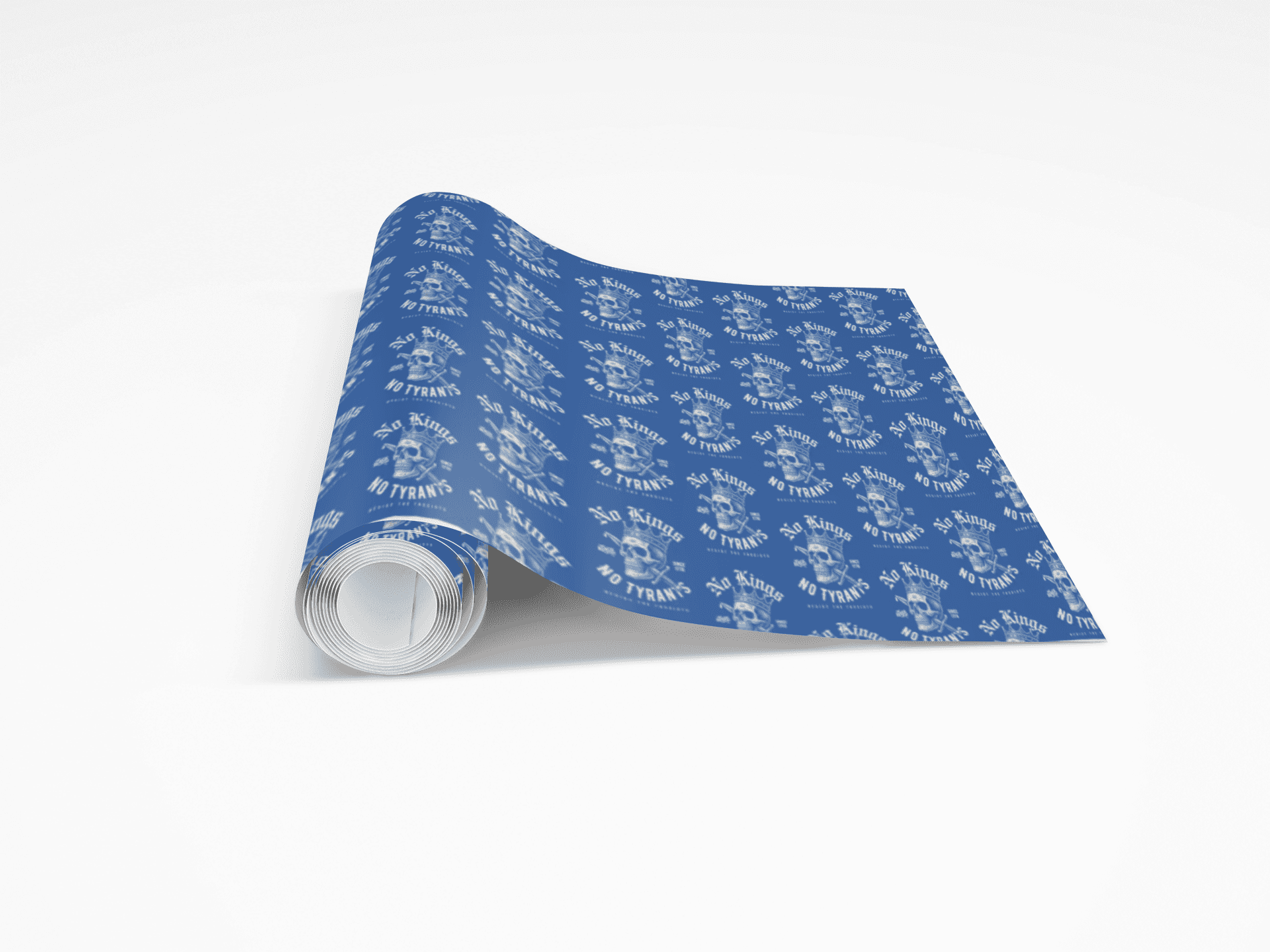 Rolled No Kings No Tyrants Christmas Gift Wrapping Paper by TheBlackest Co., featuring edgy anti-tyranny design in white on matte blue.