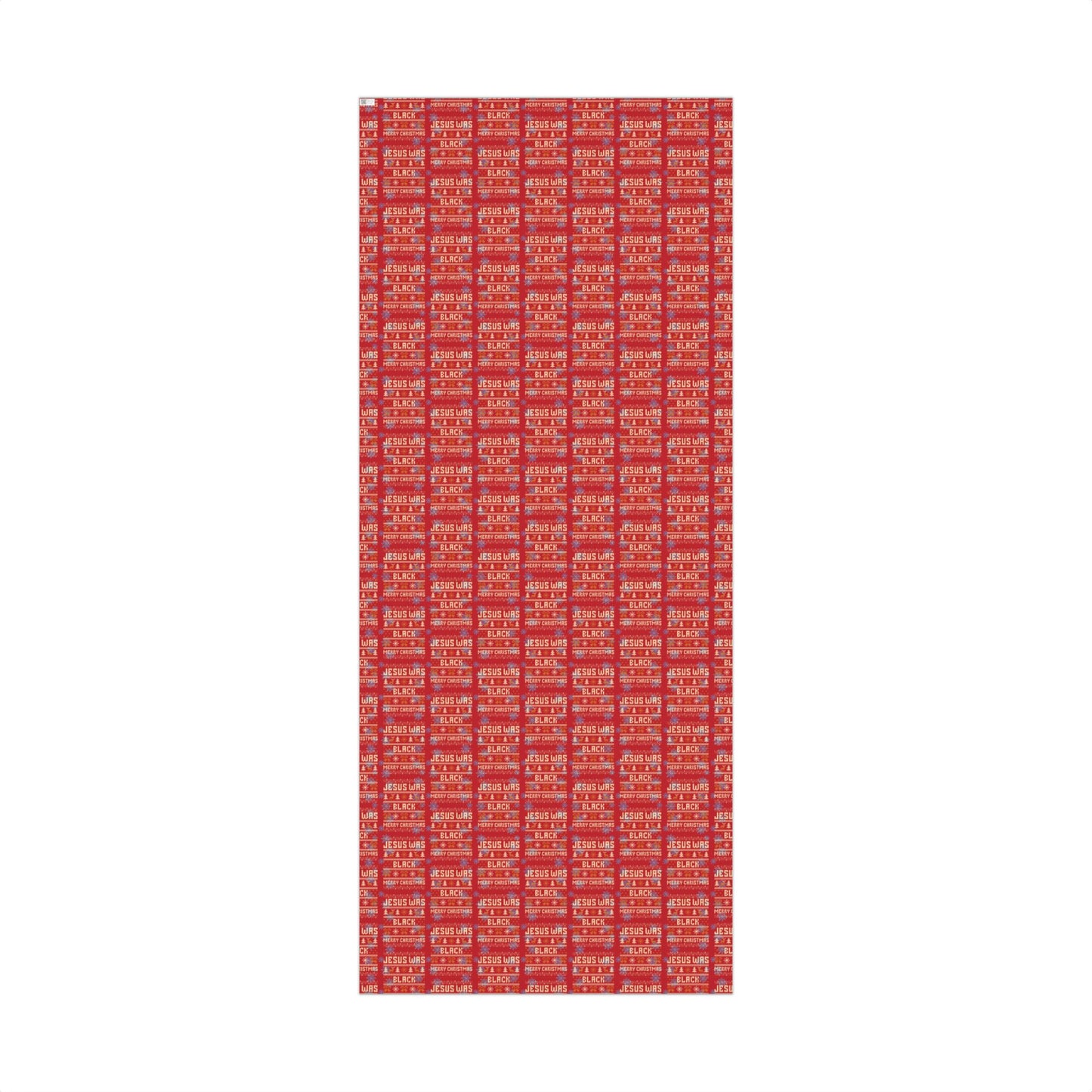 Full-length sheet of Jesus Was Black Merry Christmas red wrapping paper, great for wrapping large or multiple holiday gifts.