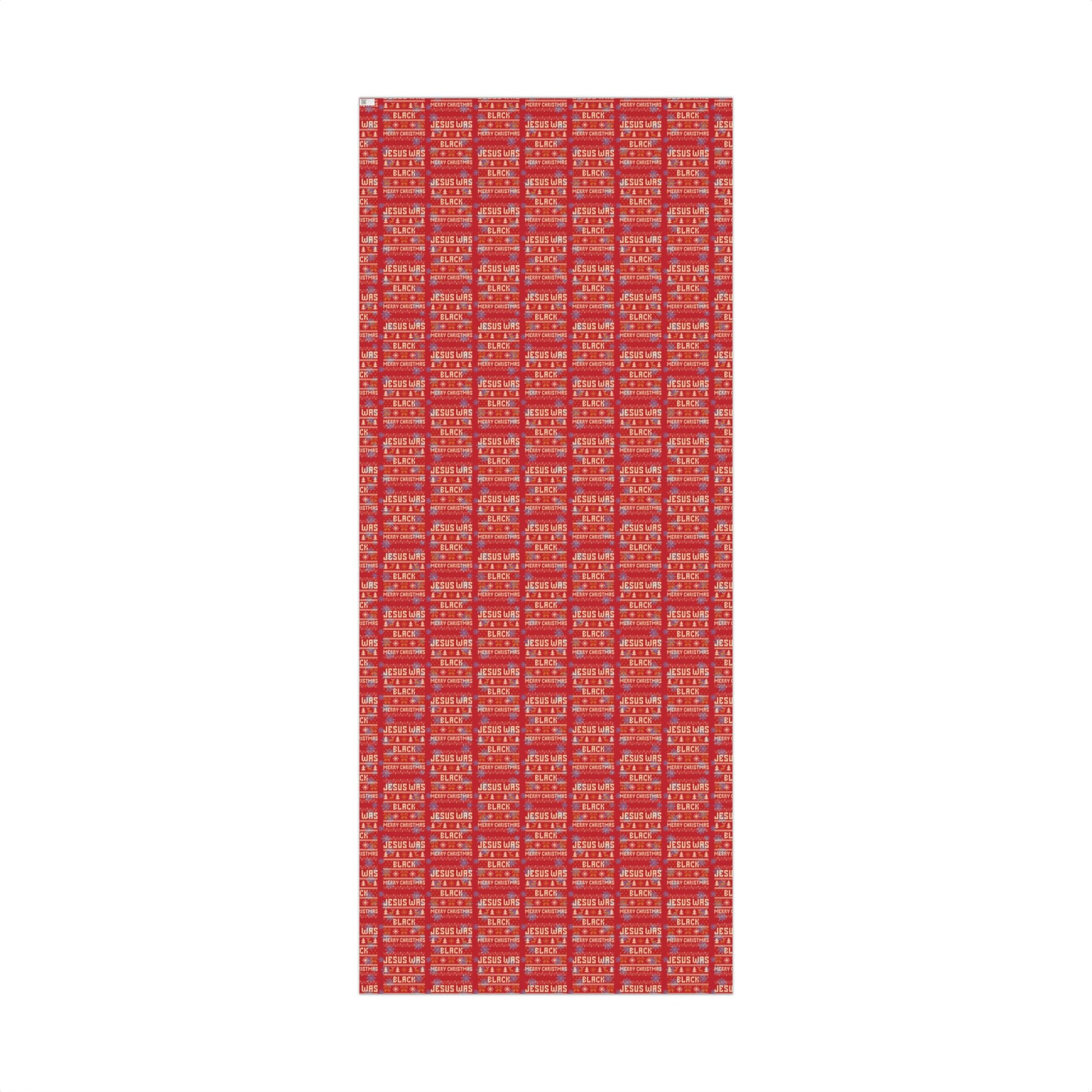 Full-length sheet of Jesus Was Black Merry Christmas red wrapping paper, great for wrapping large or multiple holiday gifts.
