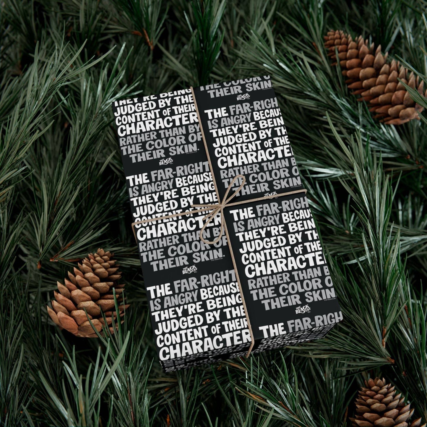 Wrapped gift in Why The Far Right Is Angry Christmas Gift Wrapping Paper nestled in pine branches, highlighting bold anti-racist holiday packaging.