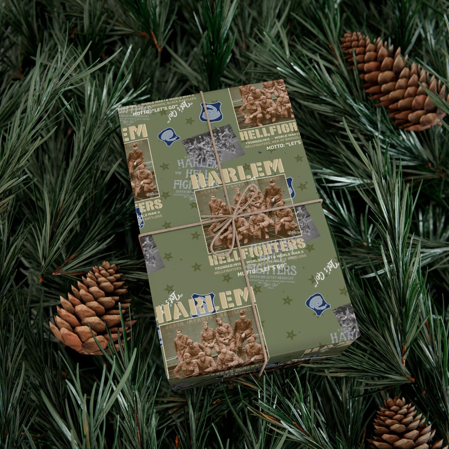 Harlem Hellfighters Black Soldiers History Wrapping Paper wrapped around a gift under pine branches, ideal for Black History Christmas gifting.