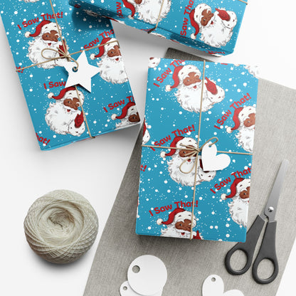 Black Santa 'I Saw That!' Christmas Gift Wrapping Paper featuring a playful Santa design on blue background, perfect for festive gift wrapping.
