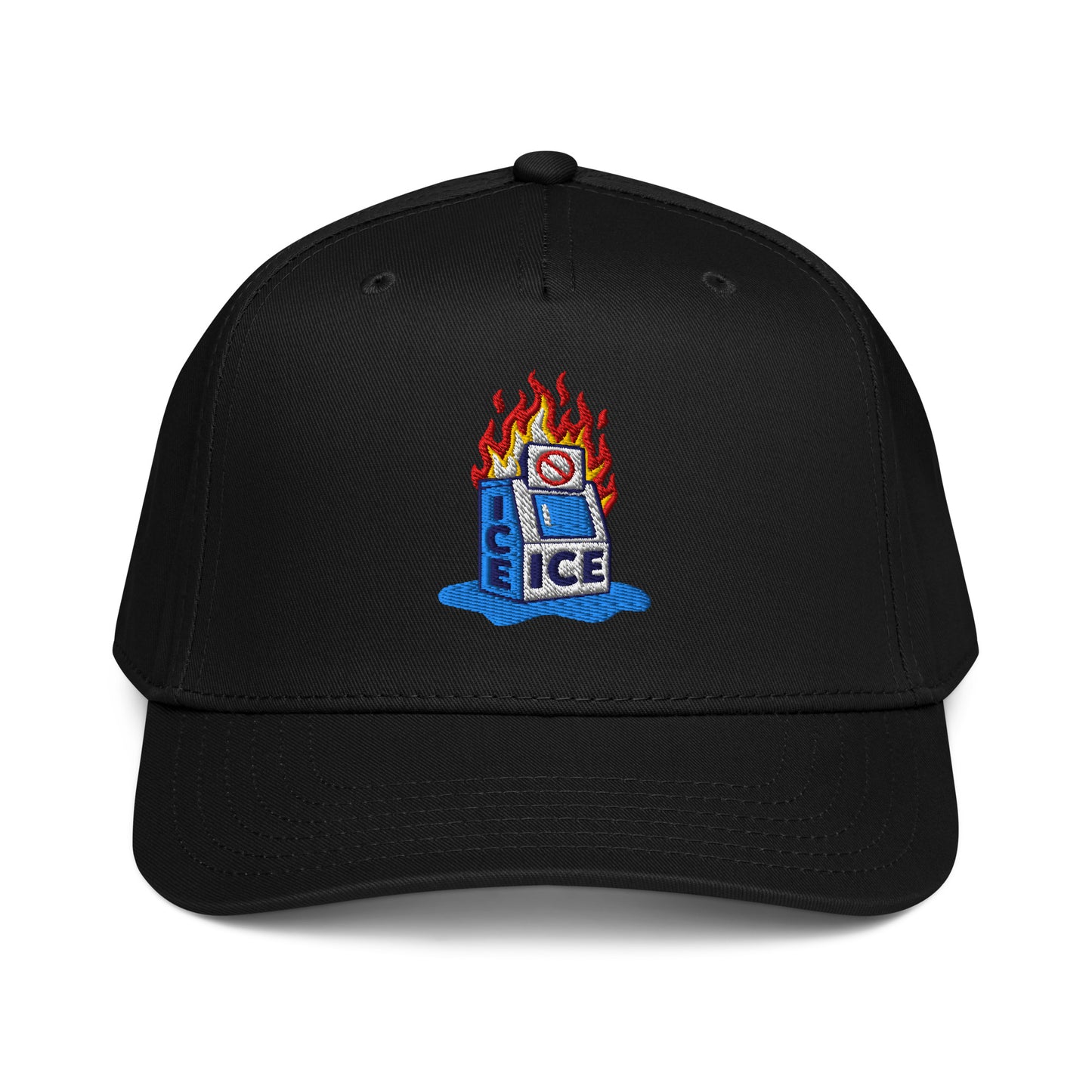 Black Abolish ICE Burning Machine 5 Panel Snapback Cap by TheBlackest Co. featuring embroidered flaming ice machine graphic on front panel.
