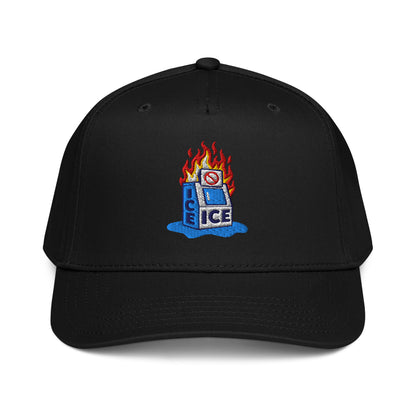 Black Abolish ICE Burning Machine 5 Panel Snapback Cap by TheBlackest Co. featuring embroidered flaming ice machine graphic on front panel.