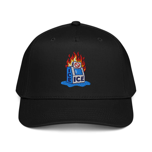 Black Abolish ICE Burning Machine 5 Panel Snapback Cap by TheBlackest Co. featuring embroidered flaming ice machine graphic on front panel.