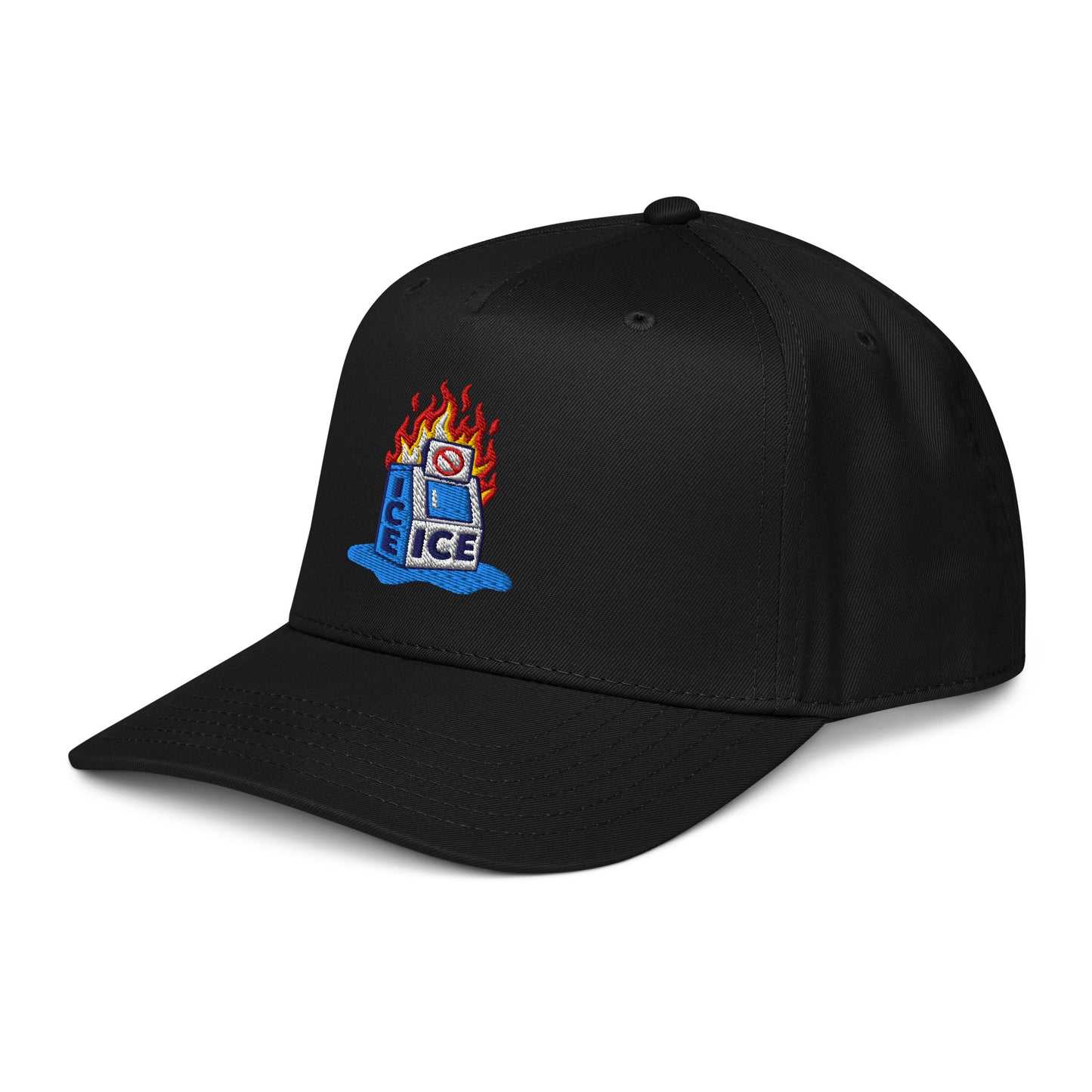 Side view of black Abolish ICE Burning Machine Snapback Cap with structured mid-profile fit and bold protest embroidery by TheBlackest Co.