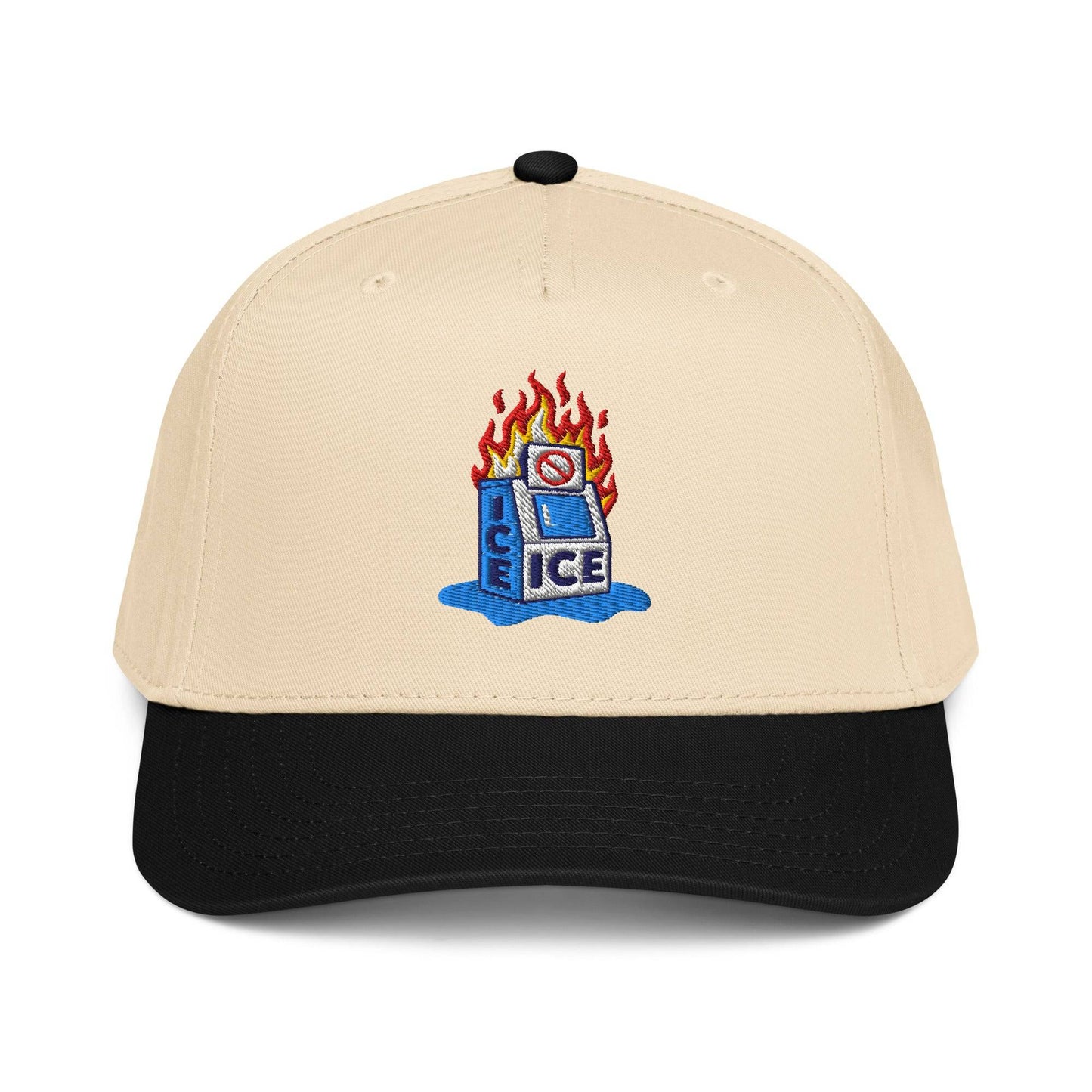 Beige and black Abolish ICE Burning Machine 5 Panel Snapback Cap by TheBlackest Co. with embroidered protest design on front.