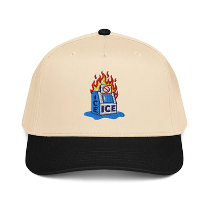 Beige and black Abolish ICE Burning Machine 5 Panel Snapback Cap by TheBlackest Co. with embroidered protest design on front.