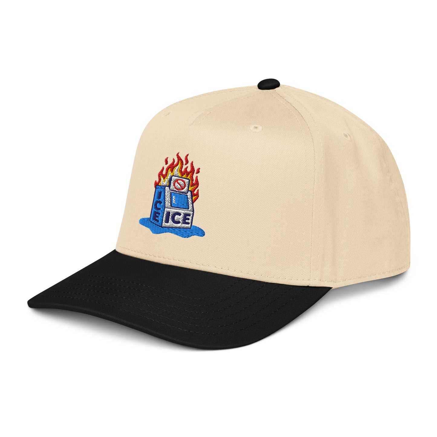 Angled view of beige and black Abolish ICE Burning Machine Snapback Cap featuring structured fit and bold social justice embroidery.