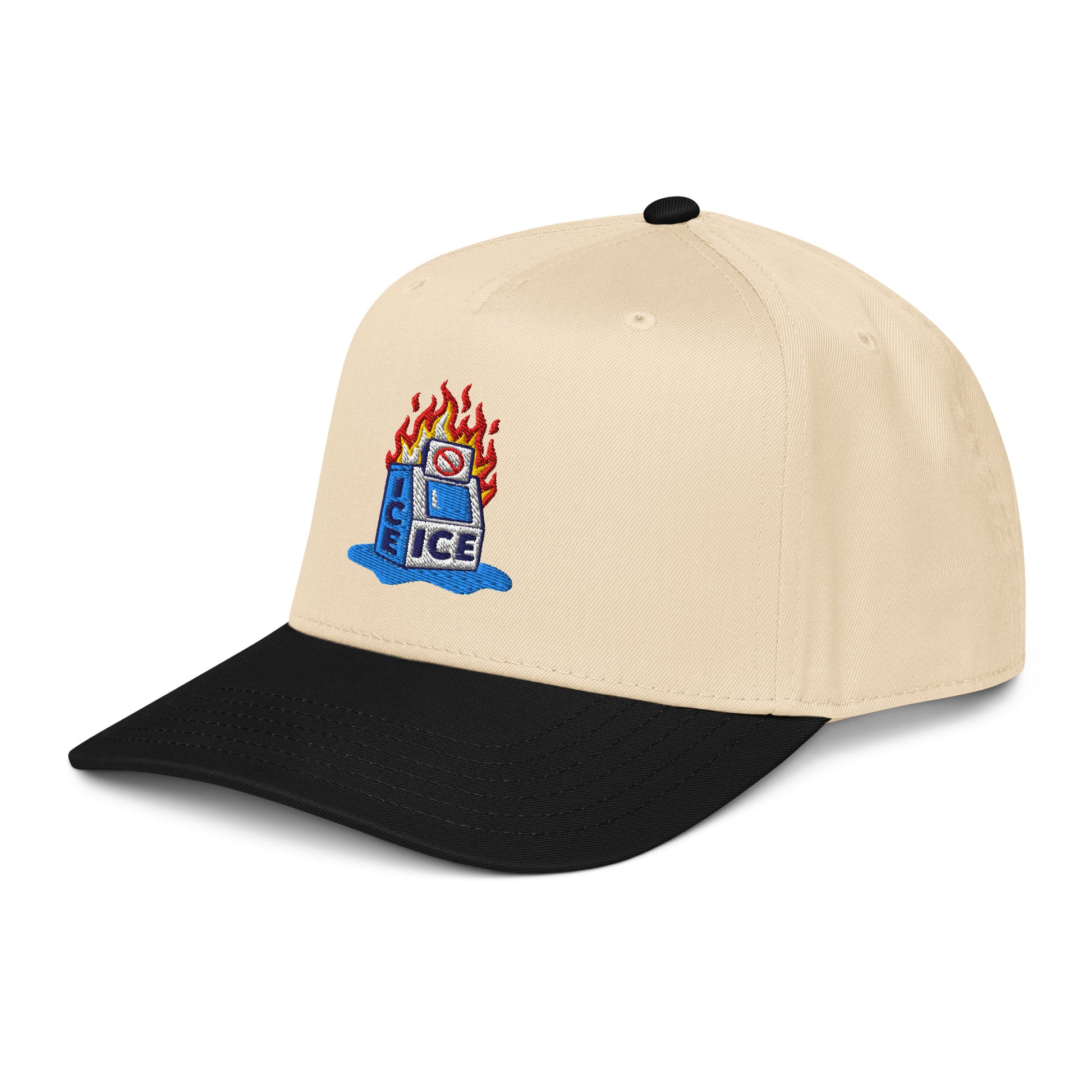 Angled view of beige and black Abolish ICE Burning Machine Snapback Cap featuring structured fit and bold social justice embroidery.
