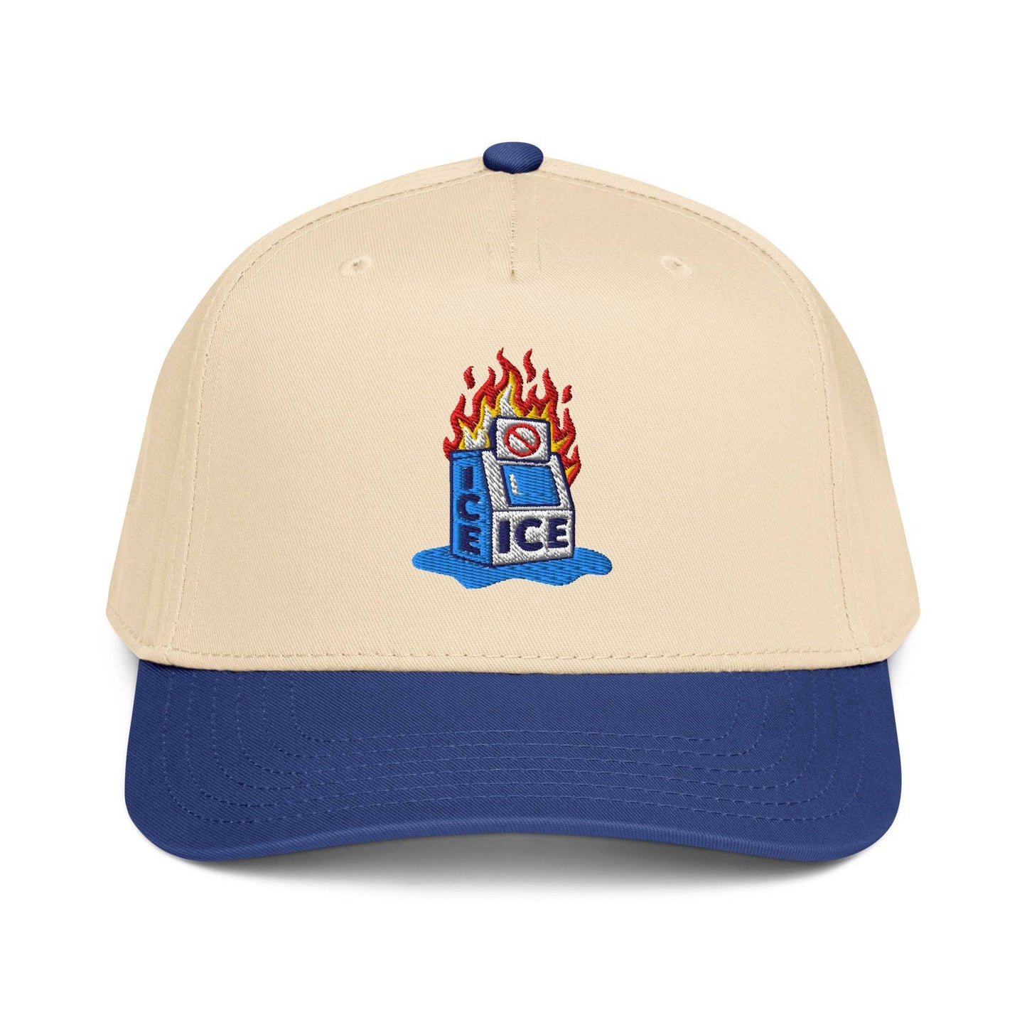 Beige and blue Abolish ICE Burning Machine 5 Panel Snapback Cap with embroidered flaming ice machine graphic by TheBlackest Co.