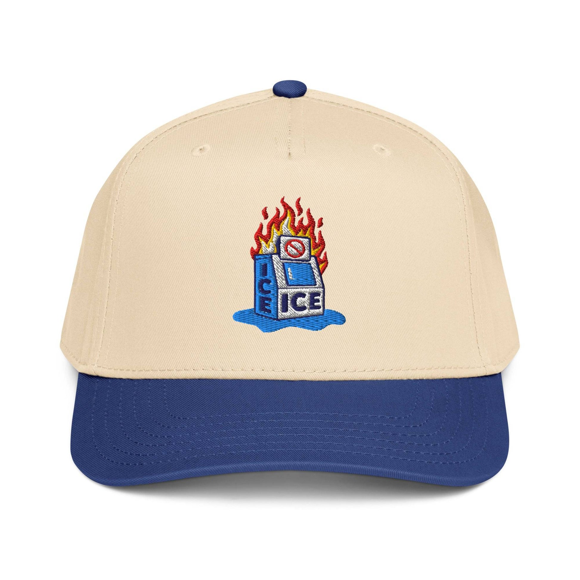 Beige and blue Abolish ICE Burning Machine 5 Panel Snapback Cap with embroidered flaming ice machine graphic by TheBlackest Co.
