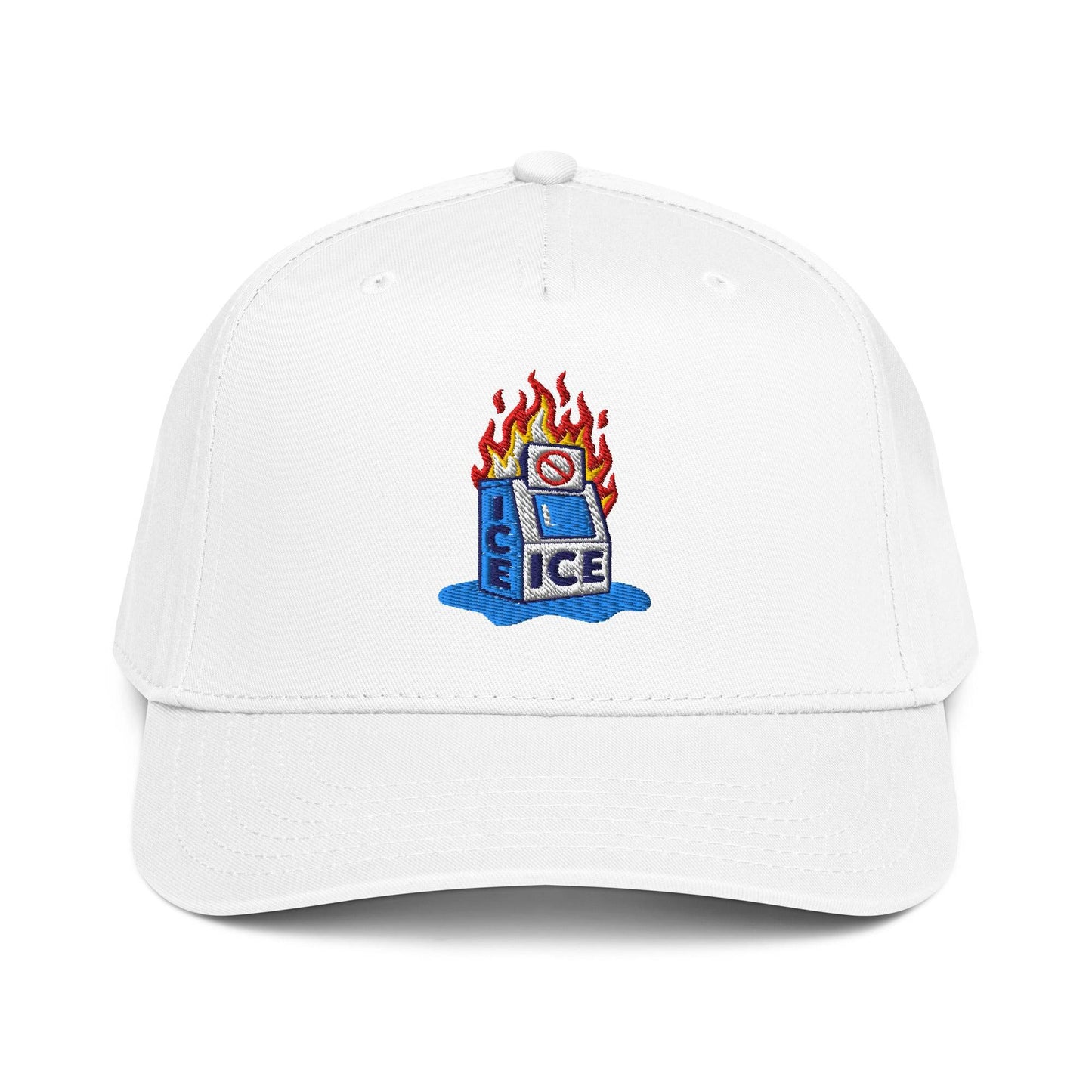 White Abolish ICE Burning Machine 5 Panel Snapback Cap by TheBlackest Co. featuring colorful embroidered protest design on front.