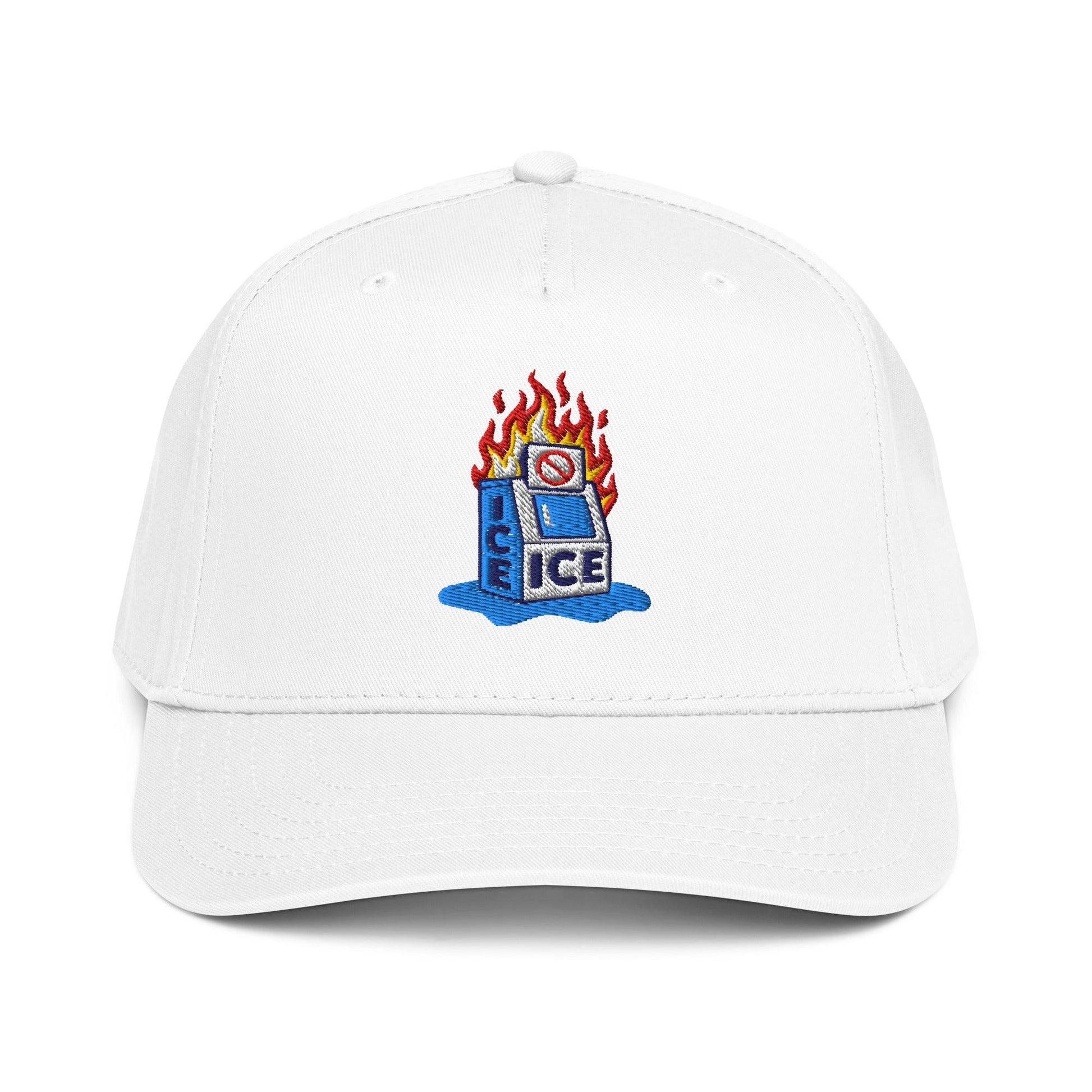 White Abolish ICE Burning Machine 5 Panel Snapback Cap by TheBlackest Co. featuring colorful embroidered protest design on front.