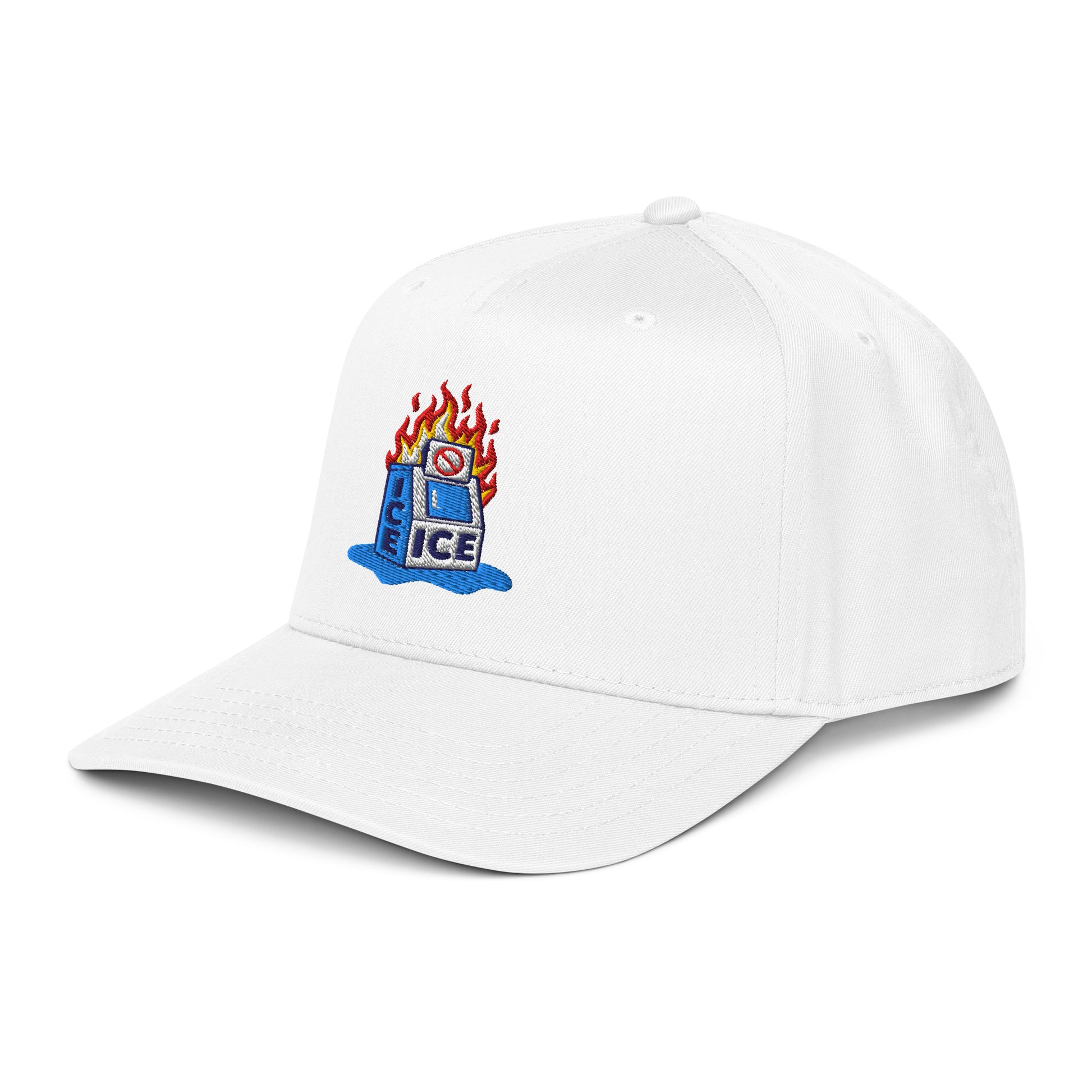 Angled view of white Abolish ICE Burning Machine Snapback Cap with structured fit and bold embroidered flaming ice machine graphic.
