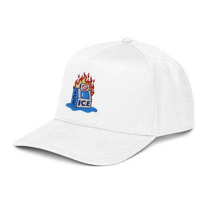 Angled view of white Abolish ICE Burning Machine Snapback Cap with structured fit and bold embroidered flaming ice machine graphic.