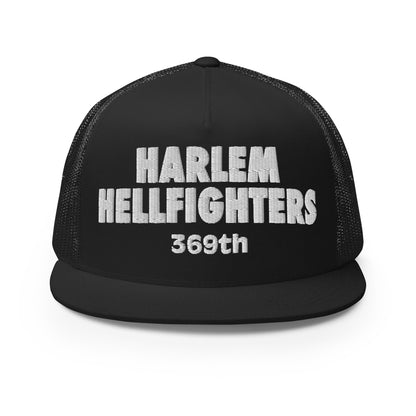 black trucker hat with harlem hellfighters 369th embroidery