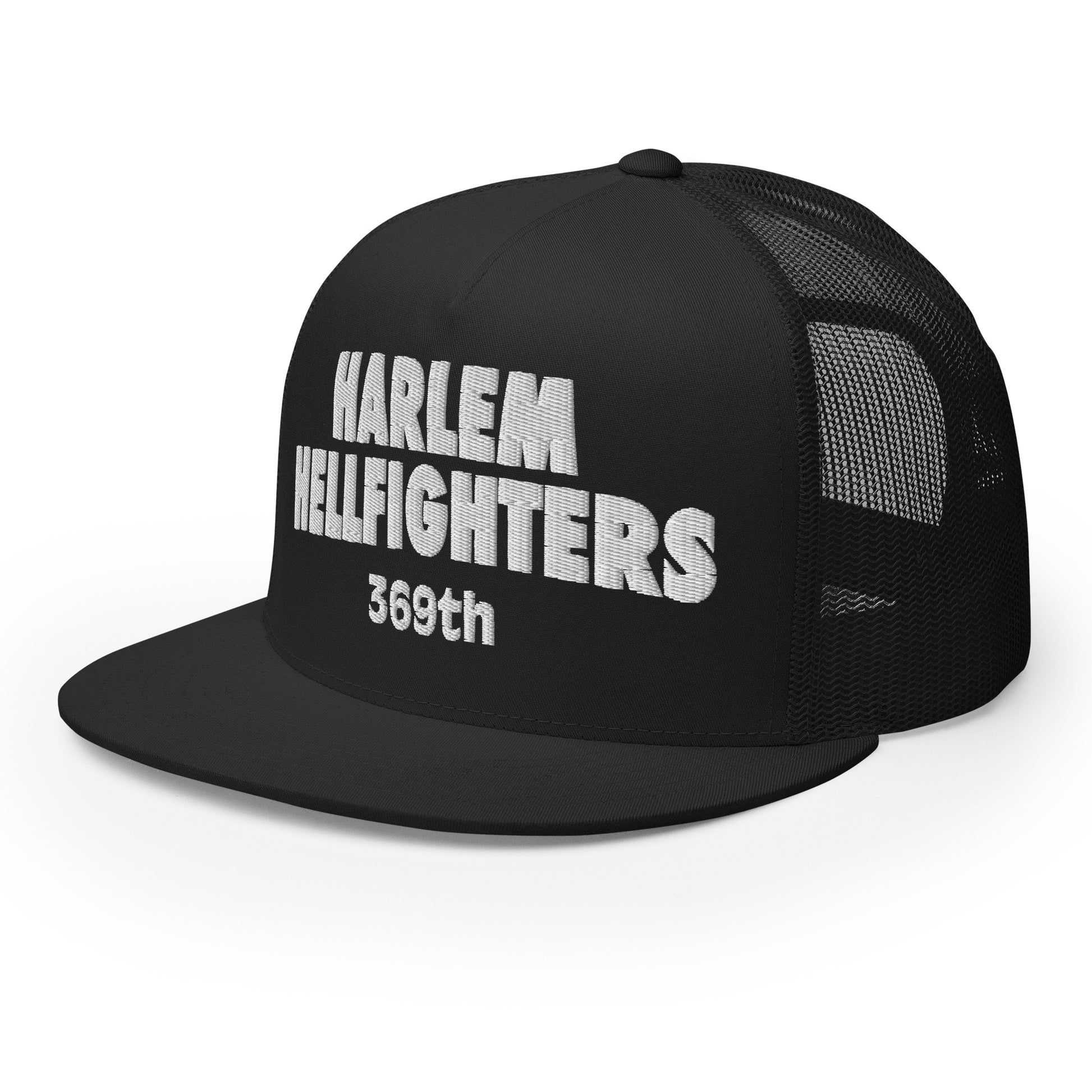 black trucker hat with harlem hellfighters 369th embroidery