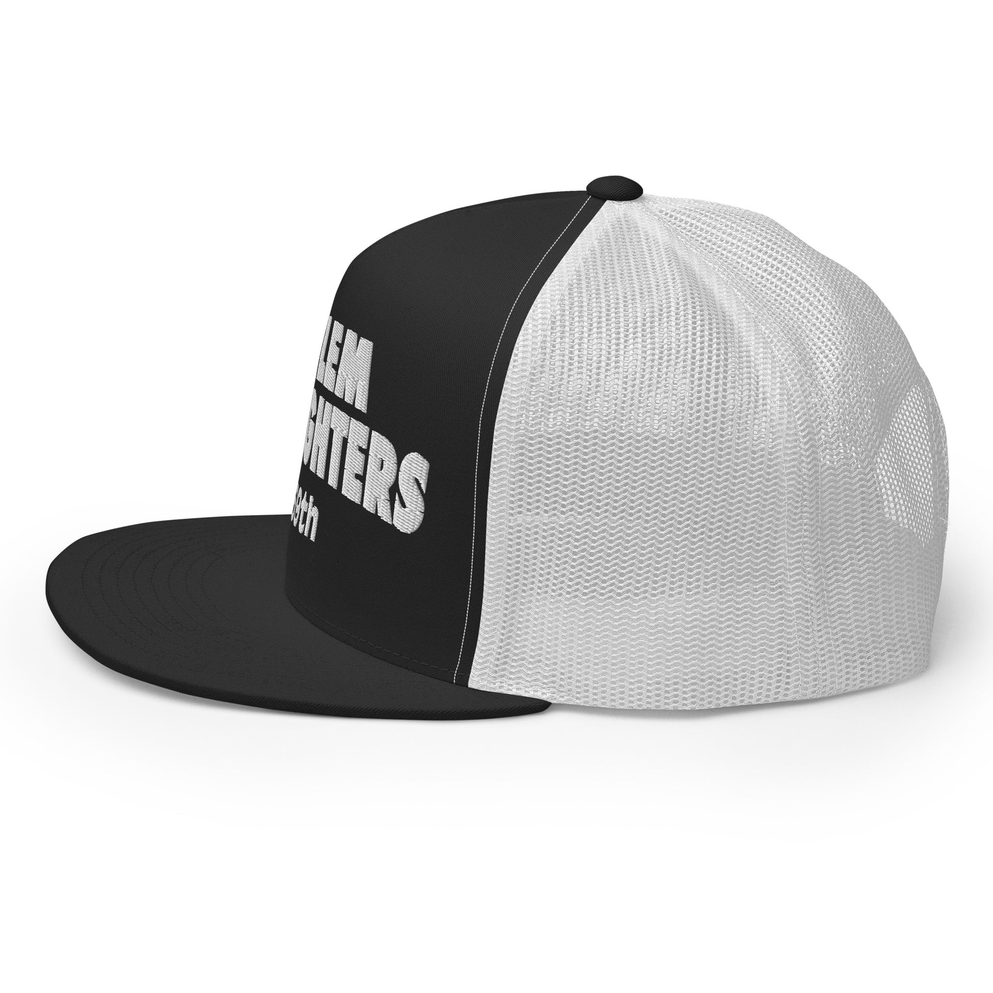 black and white trucker hat with harlem hellfighters 369th embroidery