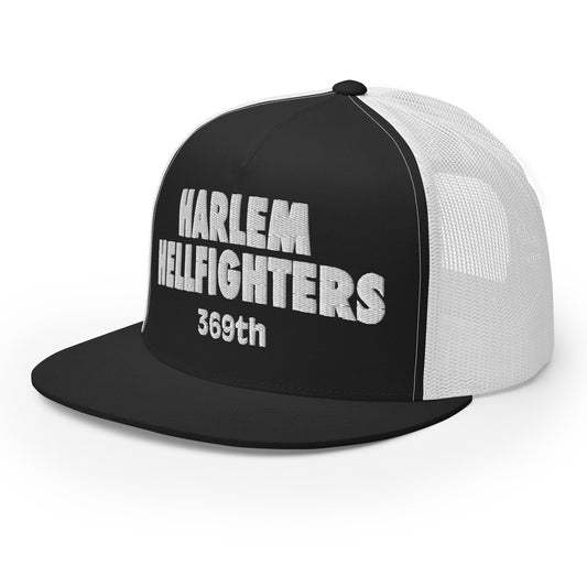 black and white trucker hat with harlem hellfighters 369th embroidery