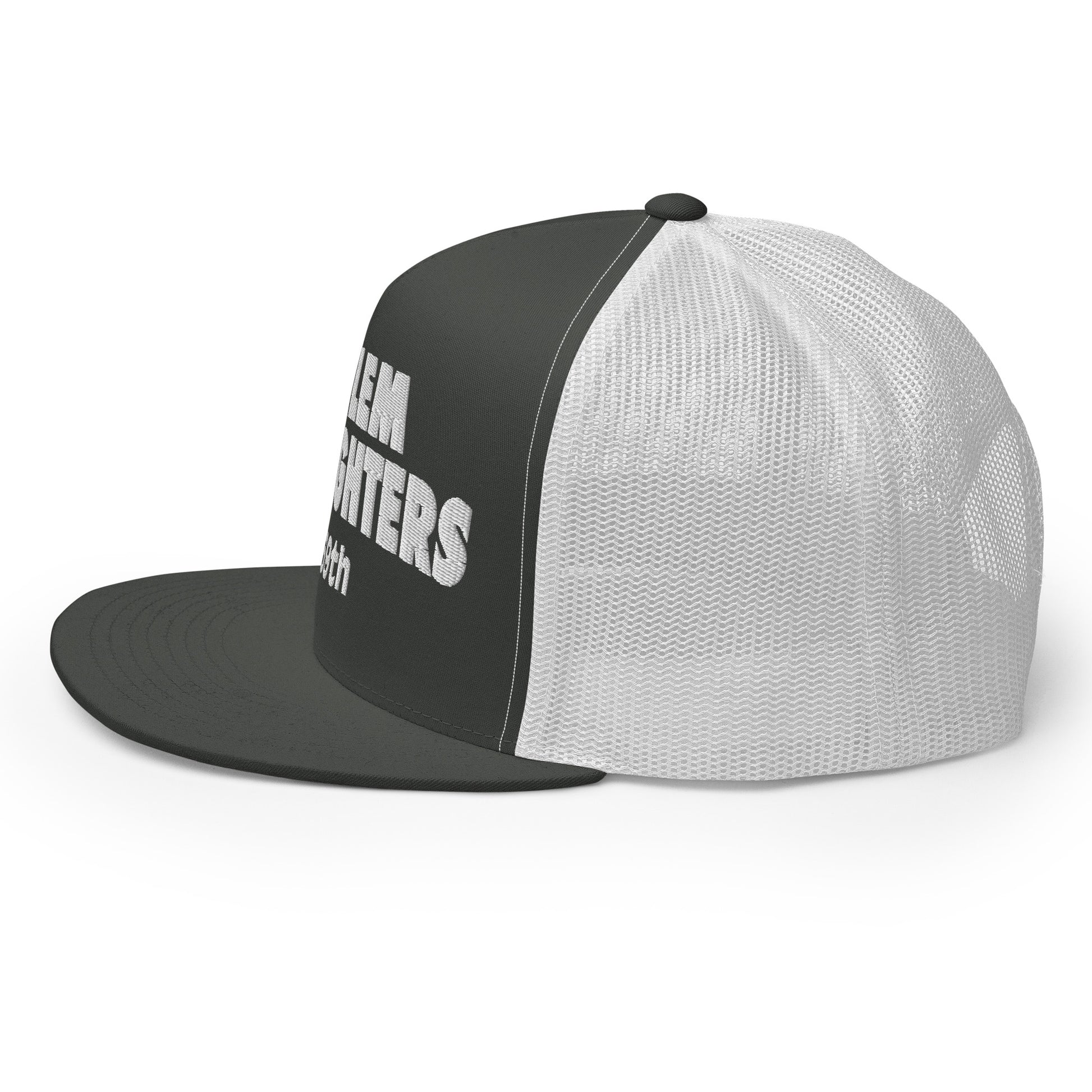white and grey trucker hat with harlem hellfighters 369th embroidery