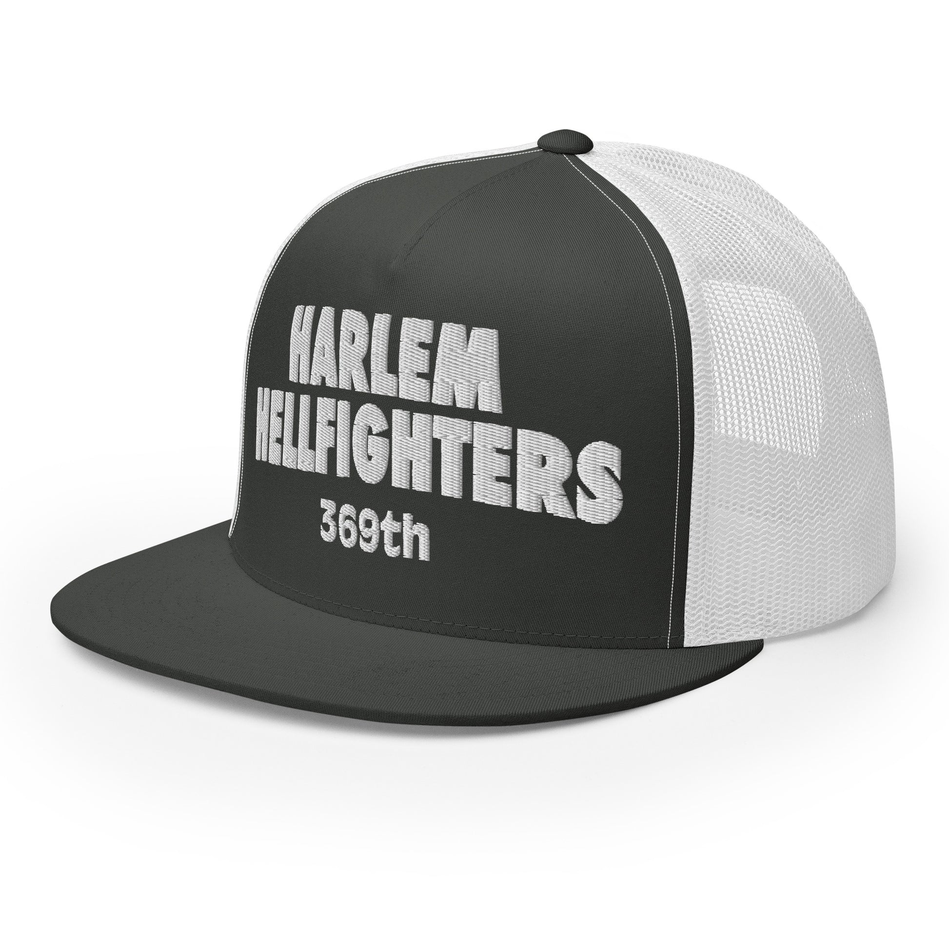 white and grey trucker hat with harlem hellfighters 369th embroidery