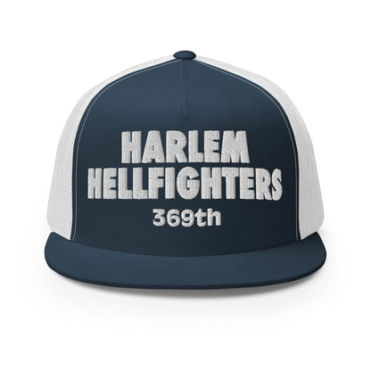 navy and white trucker hat with harlem hellfighters 369th embroidery