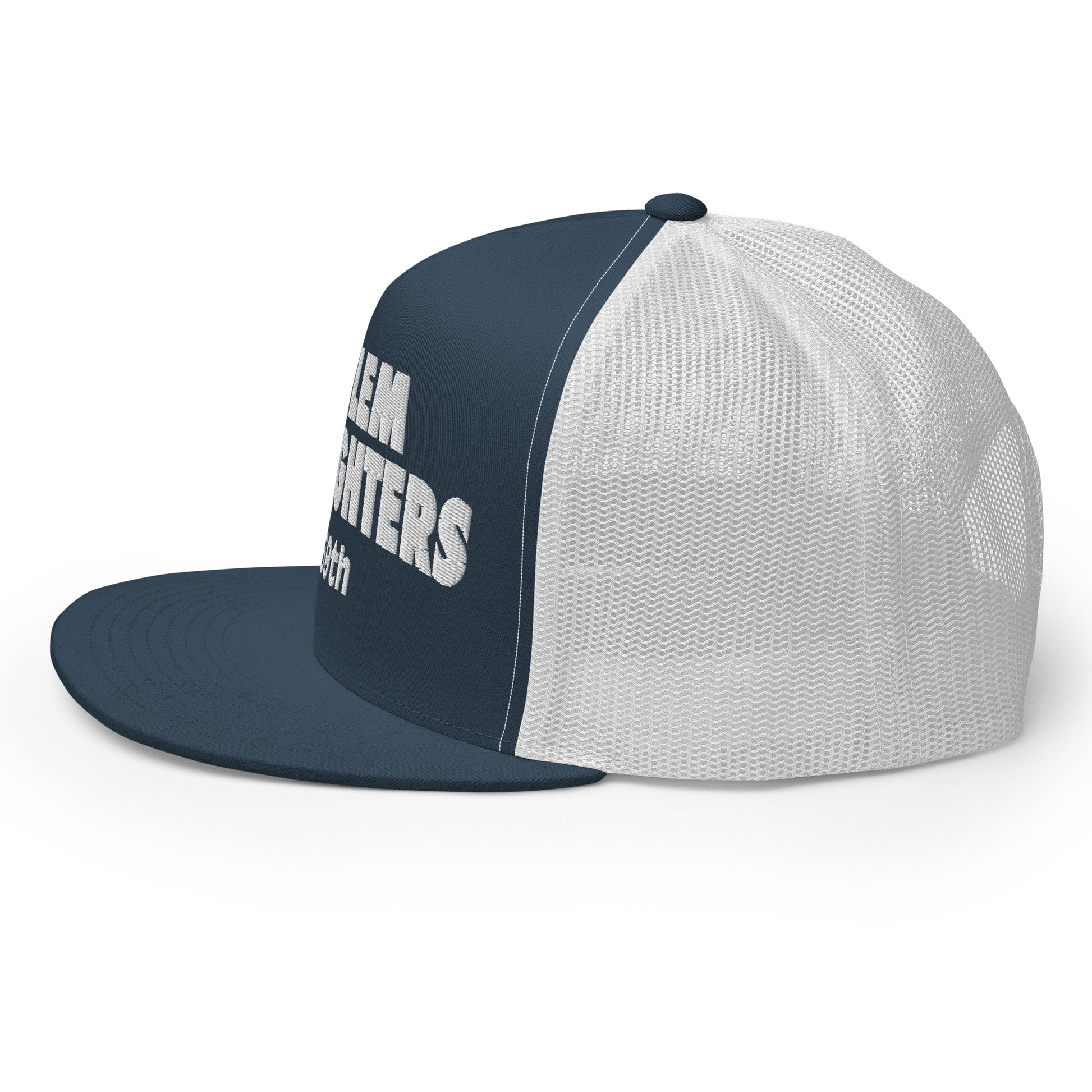 navy and white trucker hat with harlem hellfighters 369th embroidery