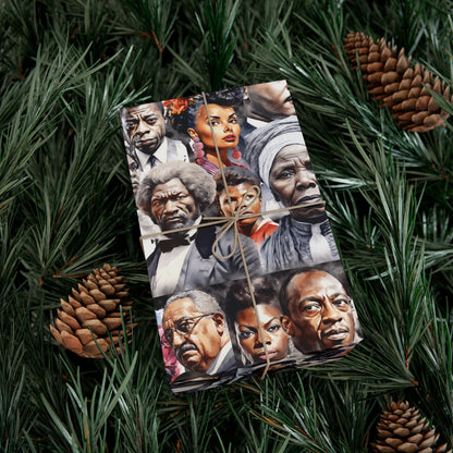 Icons Of Black History Christmas Gift Wrapping Paper showcasing powerful portraits of Black icons, wrapped around a gift placed in festive greenery. A bold and educational holiday wrap choice.