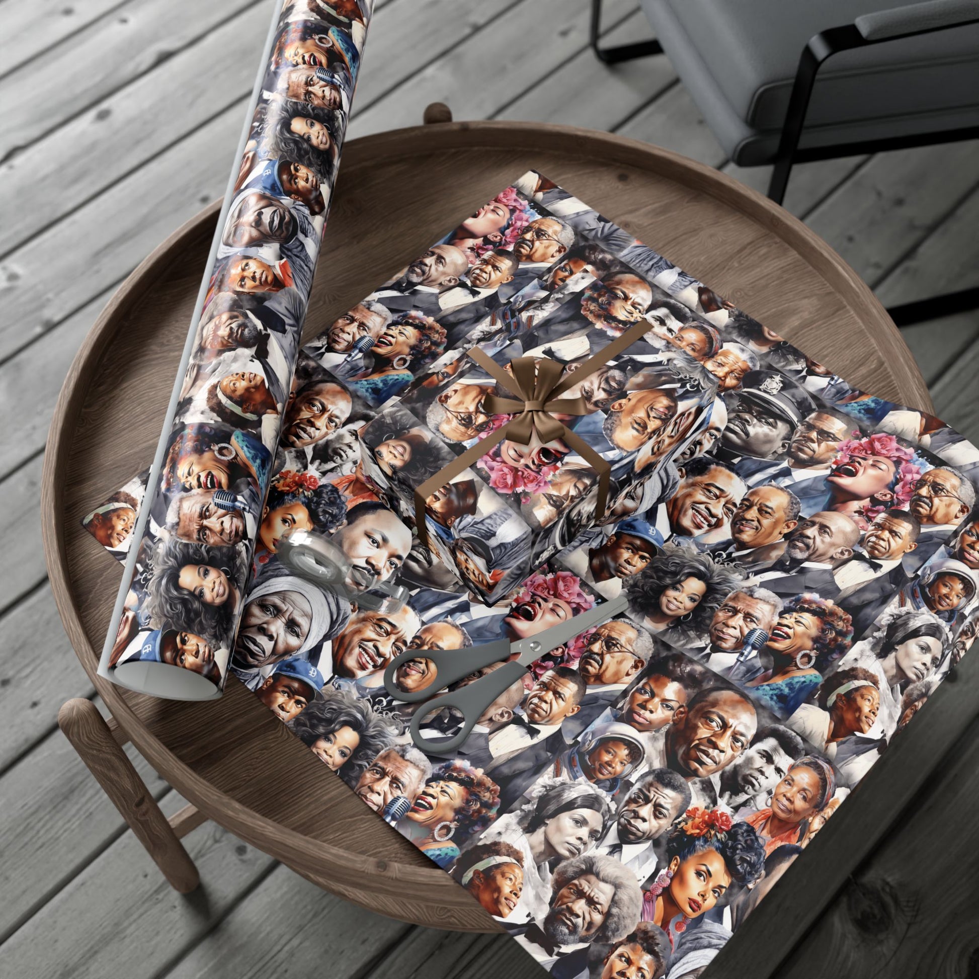 Icons Of Black History Christmas Gift Wrapping Paper roll and wrapped gift on a wooden table, highlighting detailed illustrations of Black leaders. Great for eco-conscious and heritage-themed gift wrapping.
