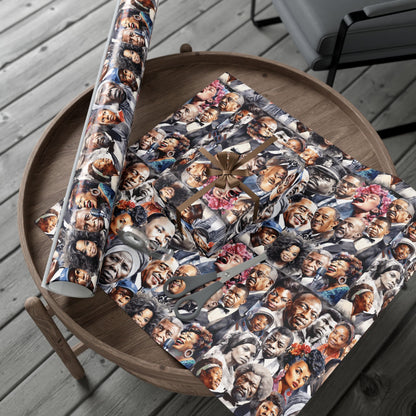 Icons Of Black History Christmas Gift Wrapping Paper roll and wrapped gift on a wooden table, highlighting detailed illustrations of Black leaders. Great for eco-conscious and heritage-themed gift wrapping.