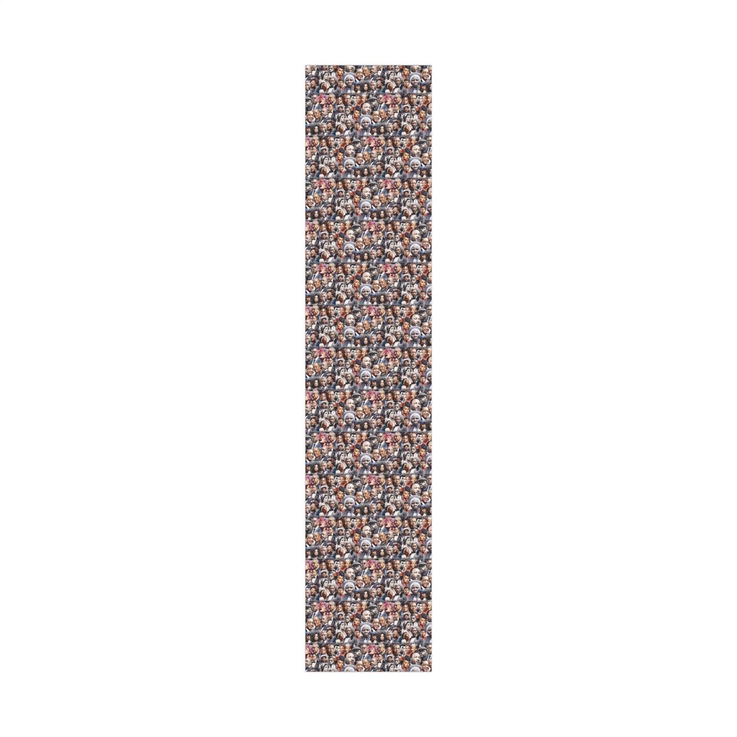 Icons Of Black History Christmas Gift Wrapping Paper in a long vertical roll, densely patterned with illustrated Black leaders. Perfect for wrapping tall or large gifts with cultural significance.