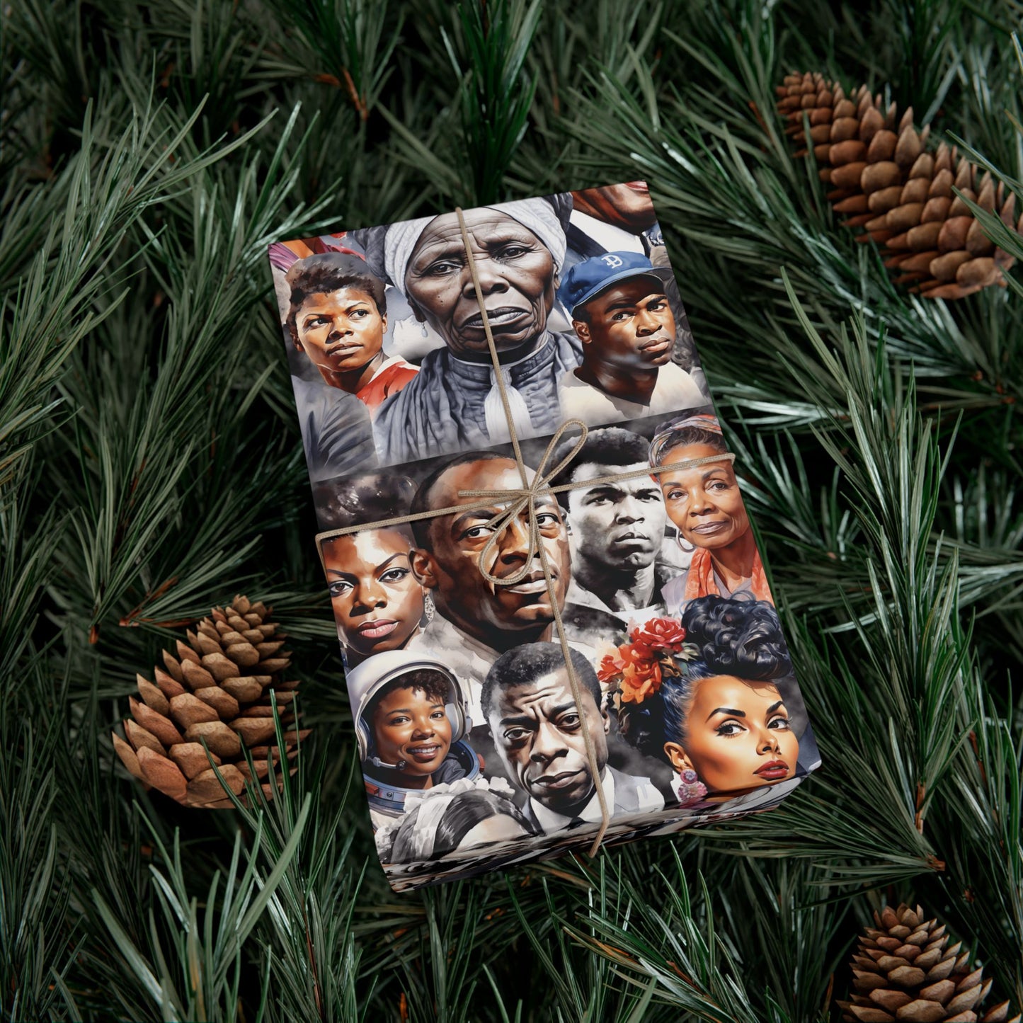 Icons Of Black History Christmas Gift Wrapping Paper with vivid illustrations of Black historical figures, displayed on a wrapped gift nestled in pine branches and pinecones. Perfect for seasonal and cultural celebrations.