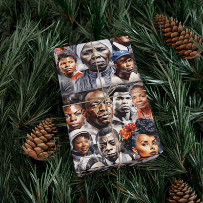 Icons Of Black History Christmas Gift Wrapping Paper with vivid illustrations of Black historical figures, displayed on a wrapped gift nestled in pine branches and pinecones. Perfect for seasonal and cultural celebrations.